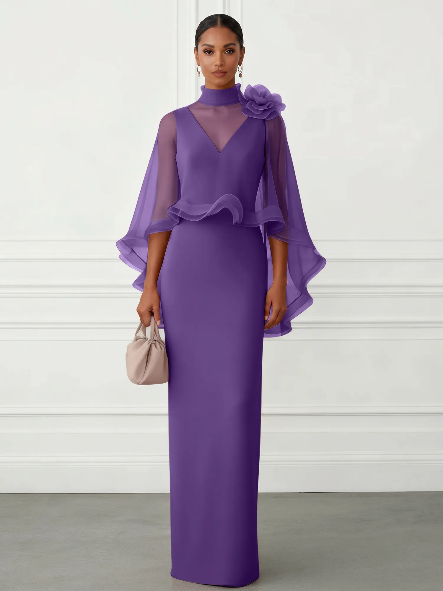 High-Neck Chiffon Cape Sleeve Sheath Evening Gown