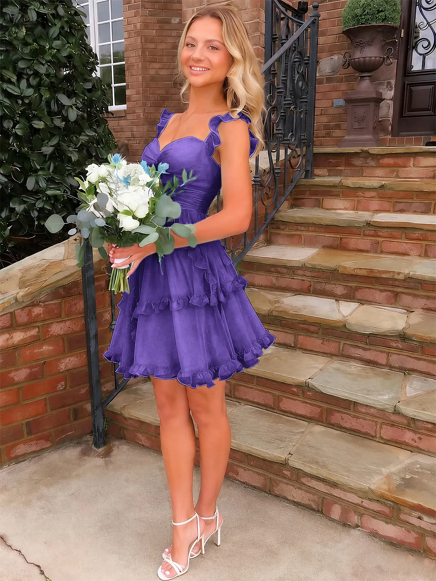 A Line Ruffled Tiered Chiffon Homecoming Dress with Lace-Up Back