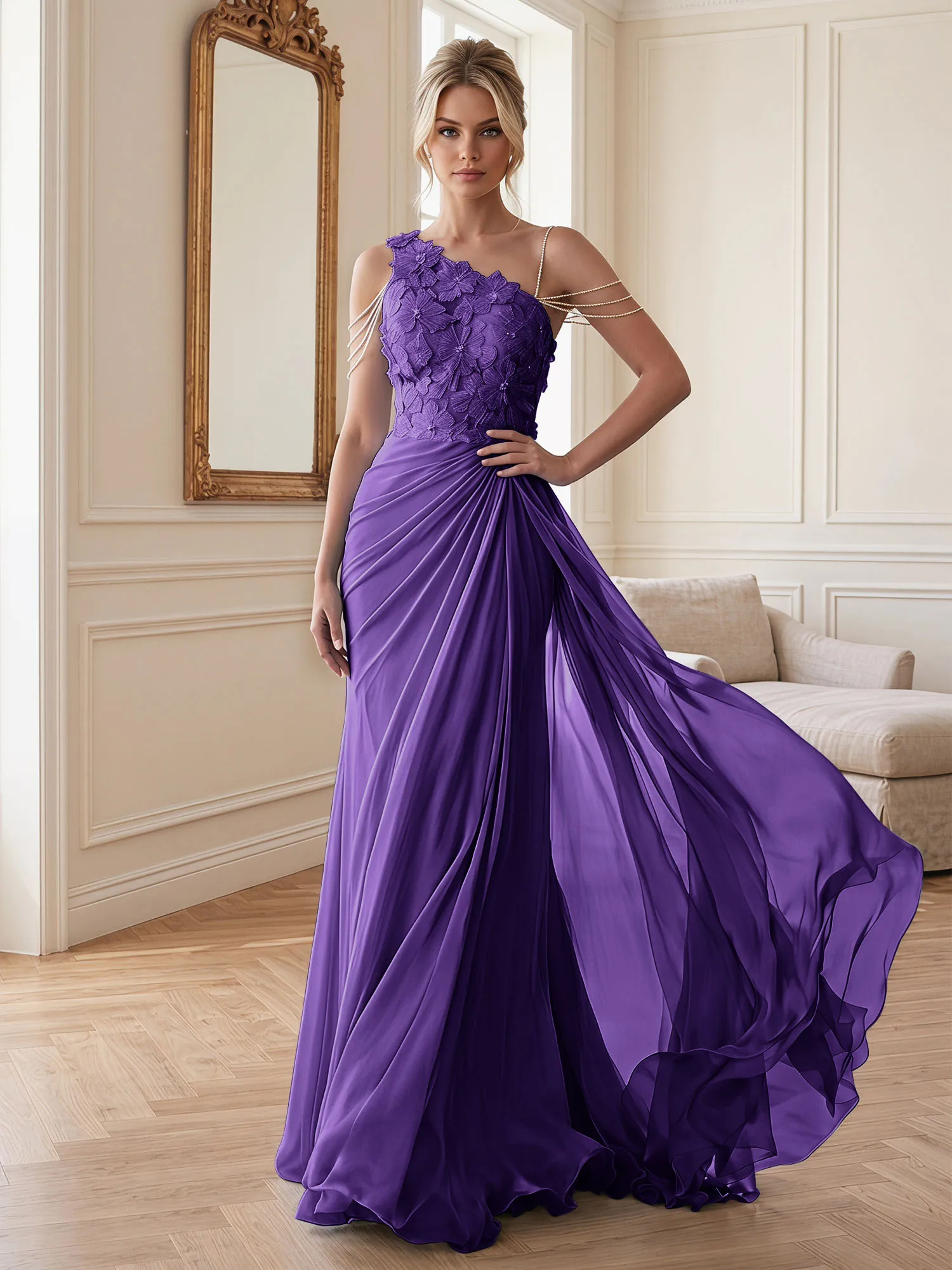 One-Shoulder Floral Lace Chiffon Evening Gown