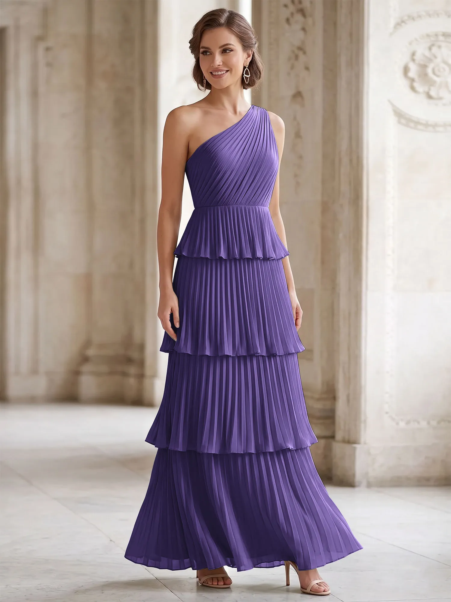 One-Shoulder Tiered Pleated Chiffon Evening Gown