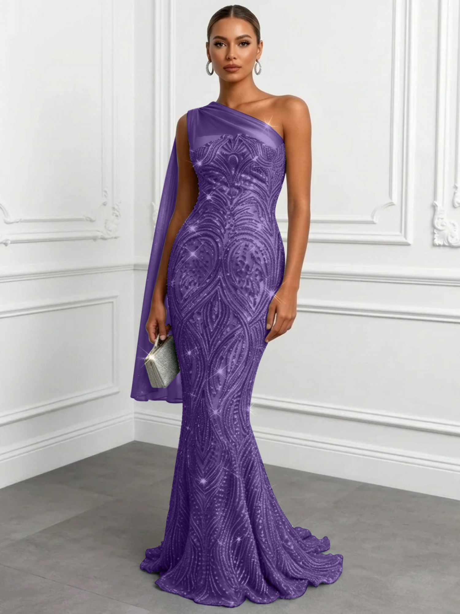 Shimmering Sage One-Shoulder Sequin Mermaid Evening Dress