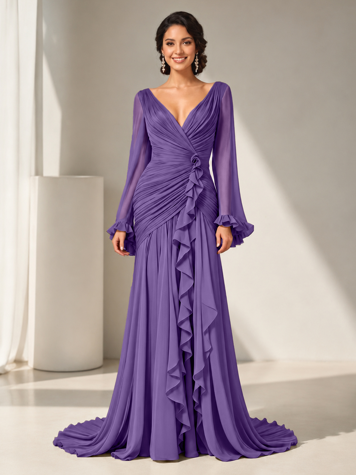 Grecian Olive Green Ruched Long-Sleeve Cascading Ruffle Formal Evening Dress