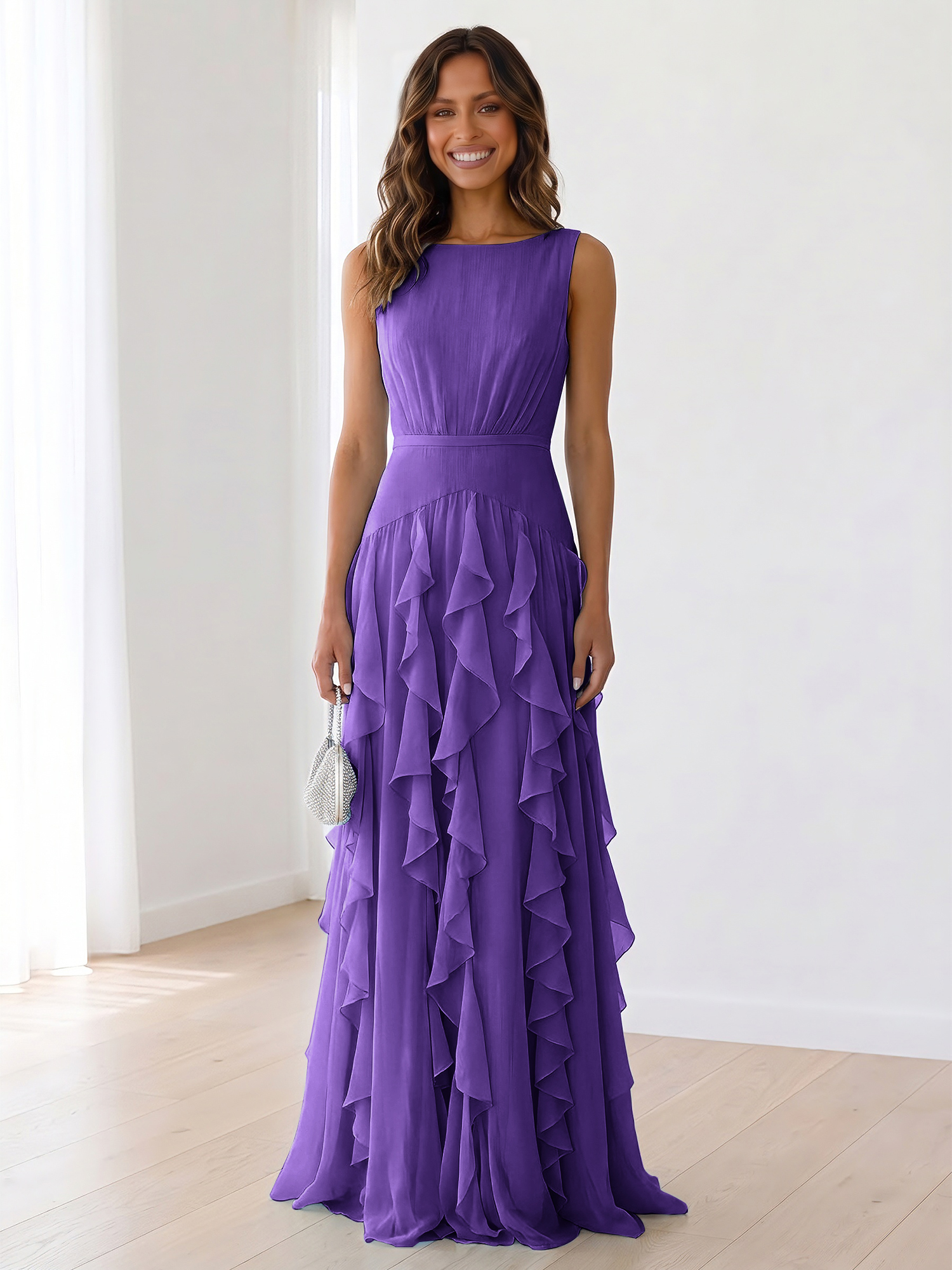 Ethereal Powder Blue Cascading Ruffle Maxi Formal Evening Dress