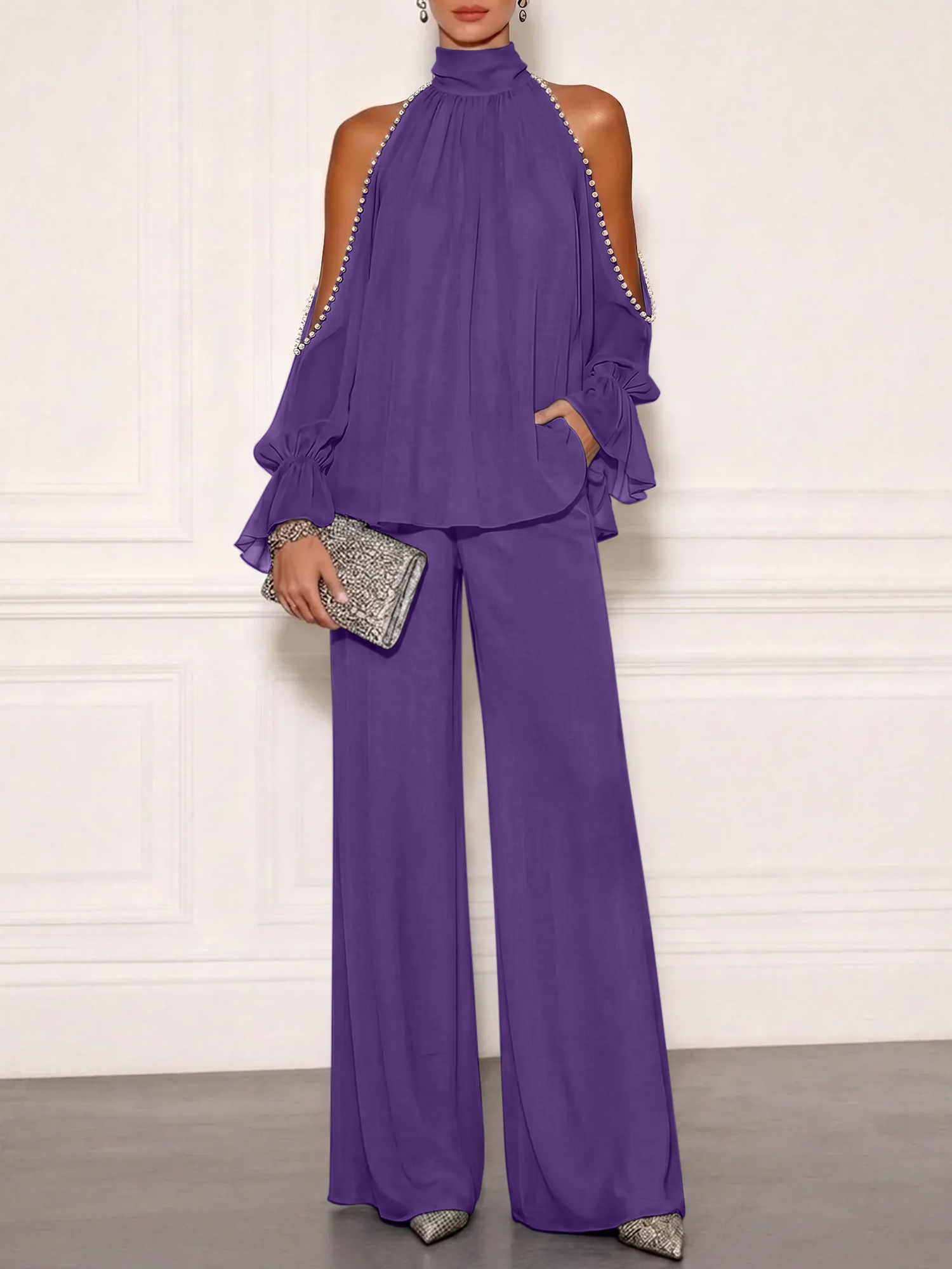 Sophisticated Embellished Cold Shoulder Formal Evening Jumpsuit