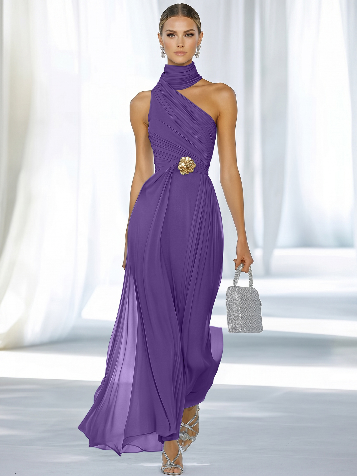 Sky Blue Pleated Chiffon Halter Strapless Formal Evening Dress