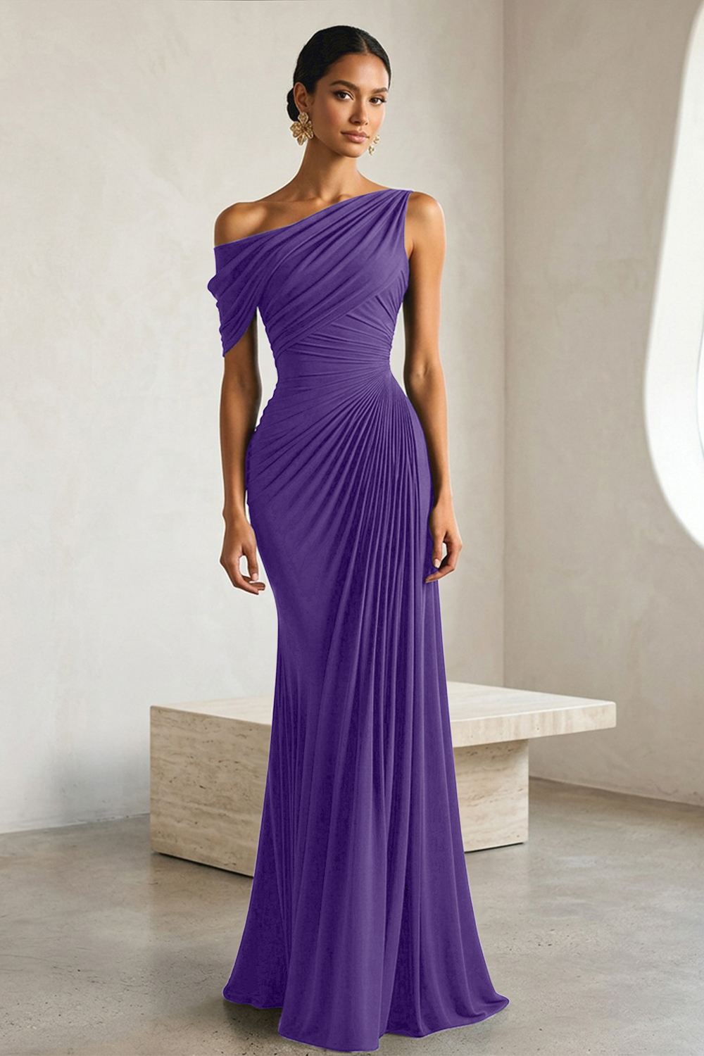 Timeless Black Architectural One-Shoulder Sheath Evening Gown