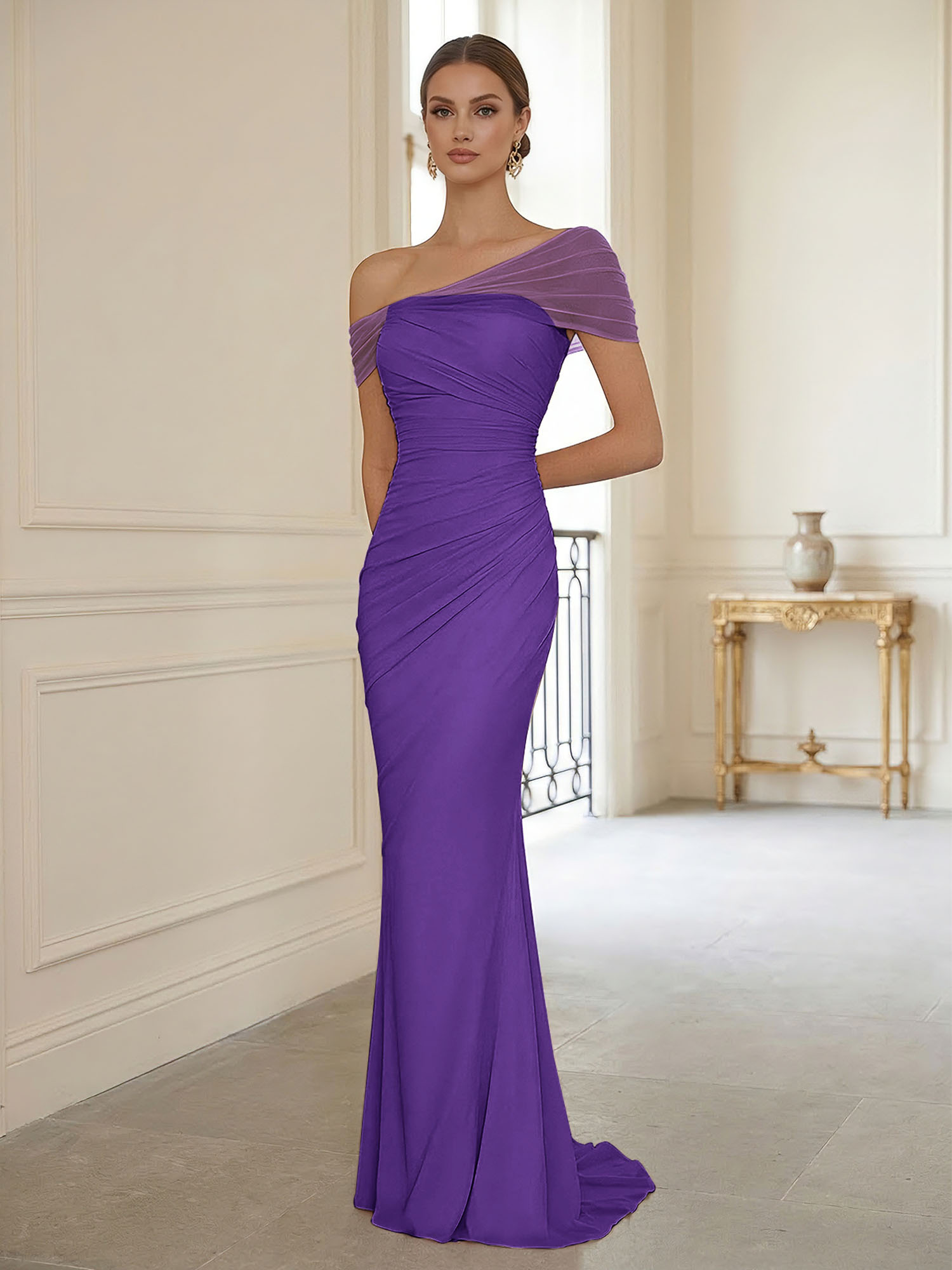 Sophisticated Blush Pink Asymmetrical Ruched Maxi Dress Evening Gown