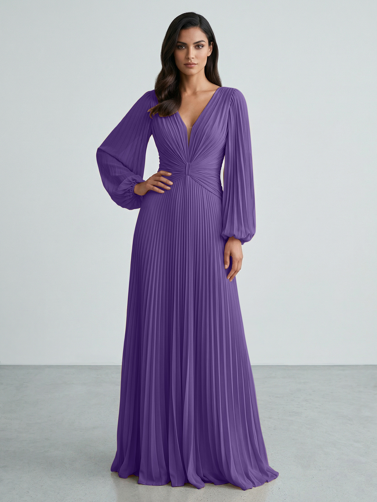 Slate Blue Plunging V-Neck Pleated Long Sleeve Maxi Dress Gown
