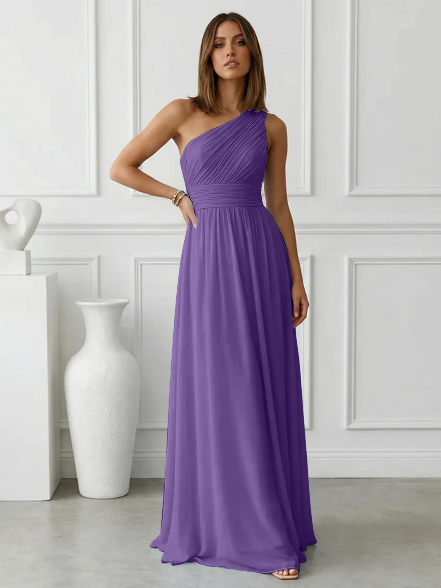 One-Shoulder Pleated Chiffon A-Line Evening Dress