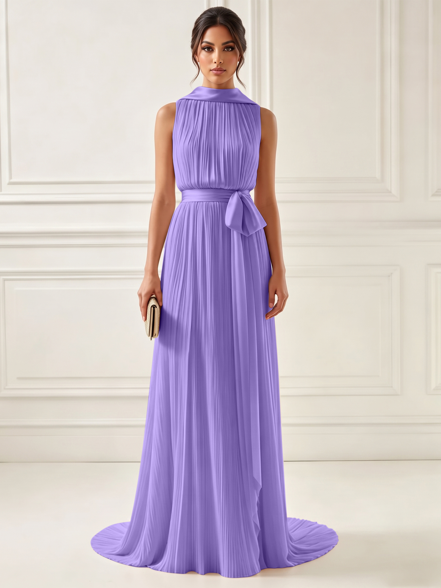 Ethereal Pleated Pastel Pink High Neck Maxi Formal Evening Dress with Satin Sash