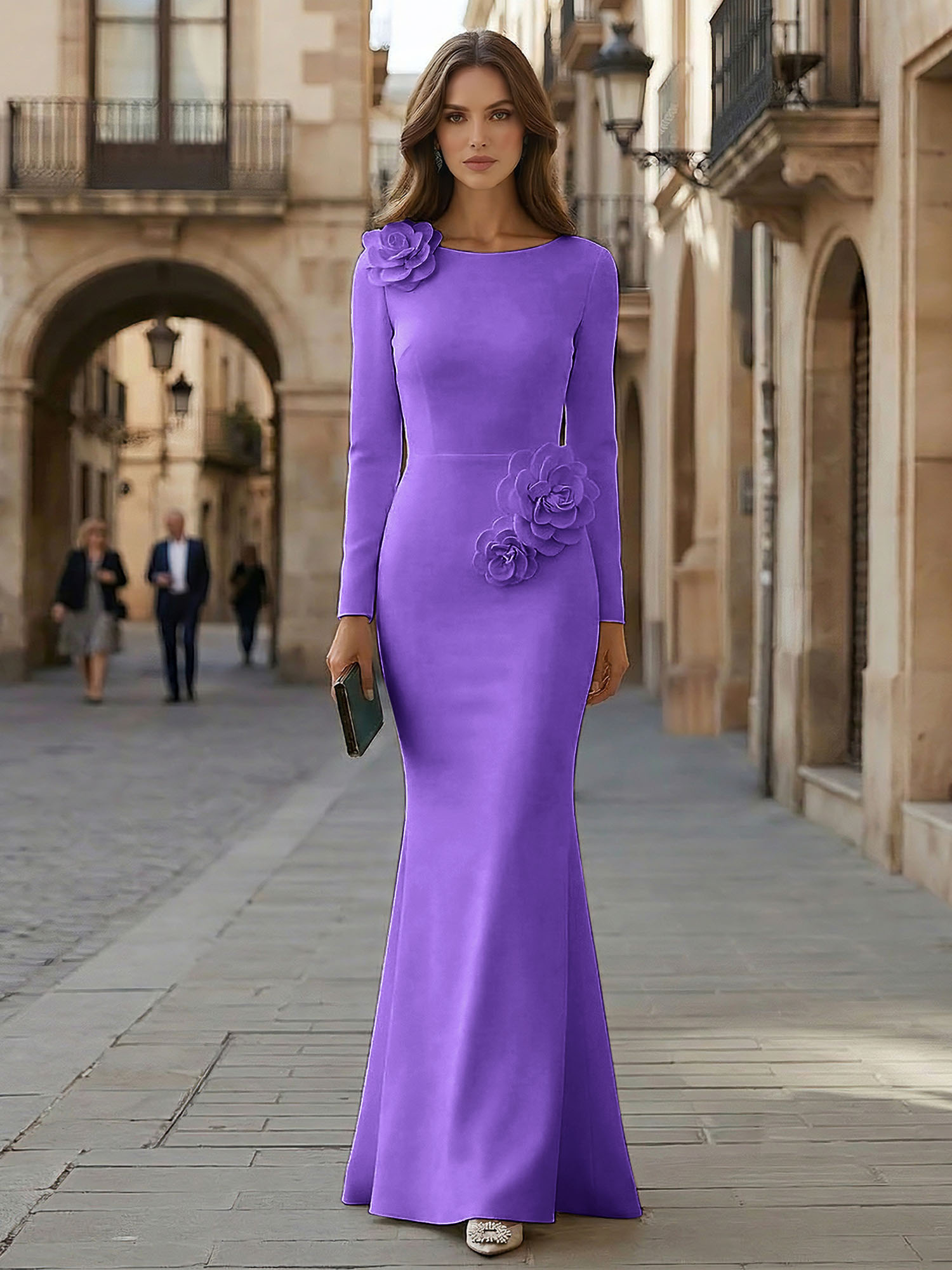 Elegant Pure White Formal Evening Dress Long-Sleeve 3D Floral Crepe Maxi Dress Gown