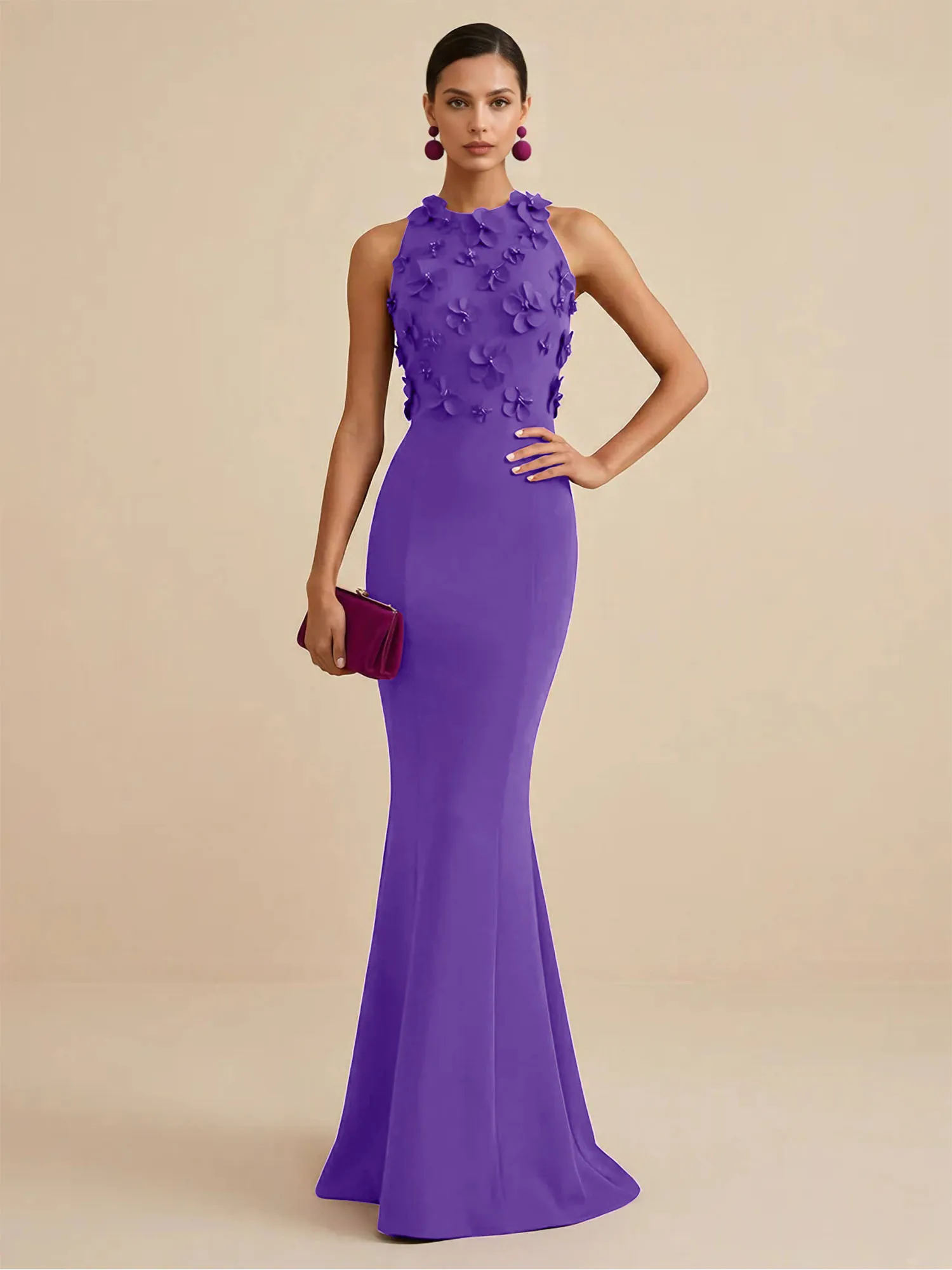 Scoop Neck 3D Floral Appliqué Crepe Mermaid Evening Gown
