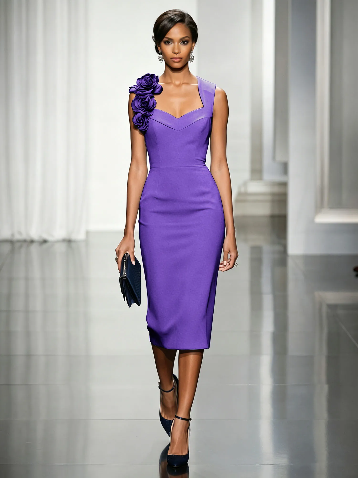 Asymmetric Neckline Crepe Midi Dress with 3D Floral Appliqué