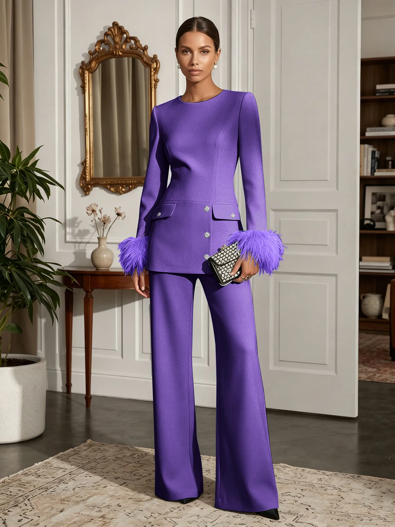 Scoop Neck Feather Cuff Tailored Evening Pant Suit