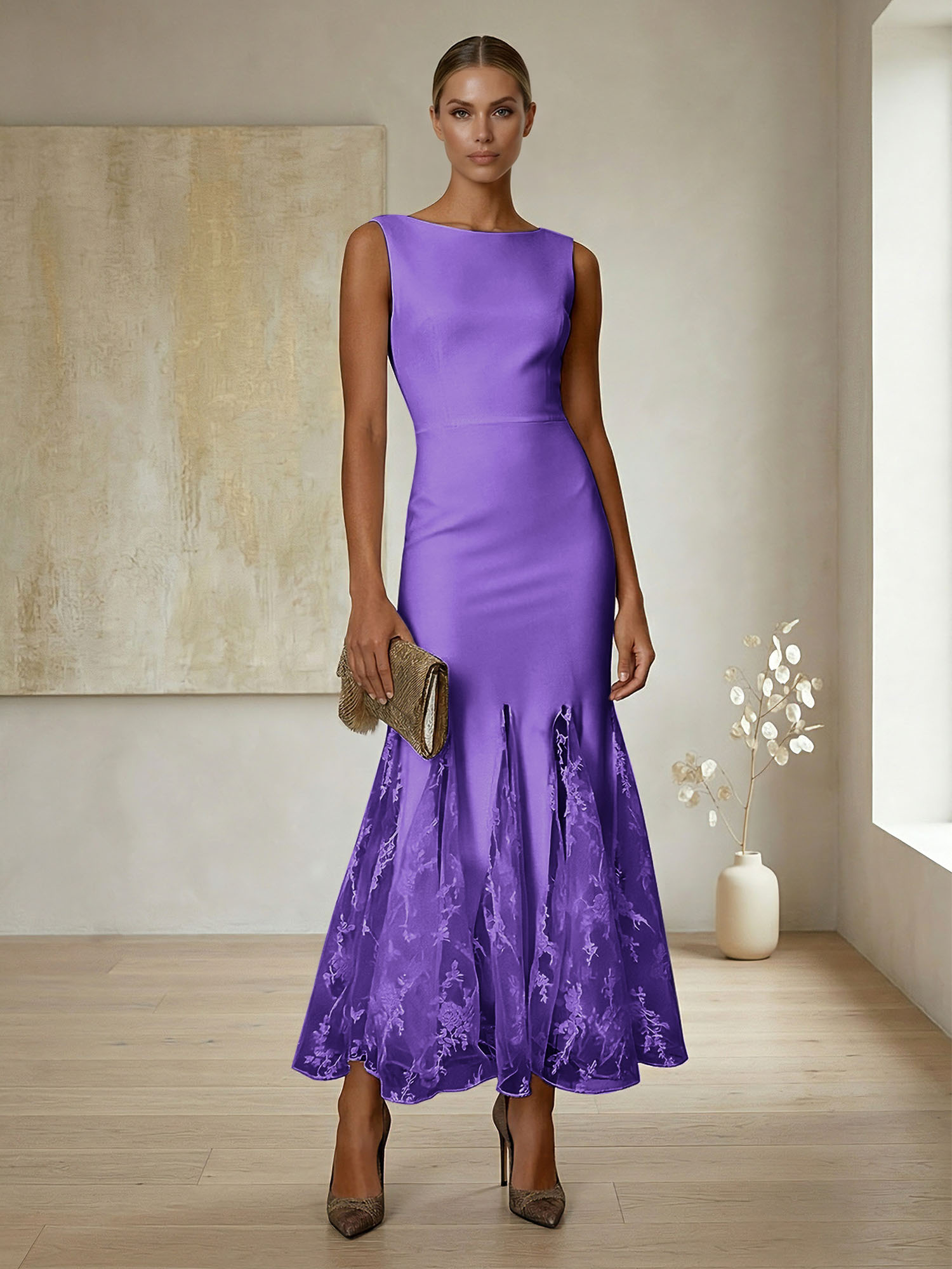 Elegant Formal Evening Gown Lilac Sleeveless Midi Dress with Embroidered Lace Godets