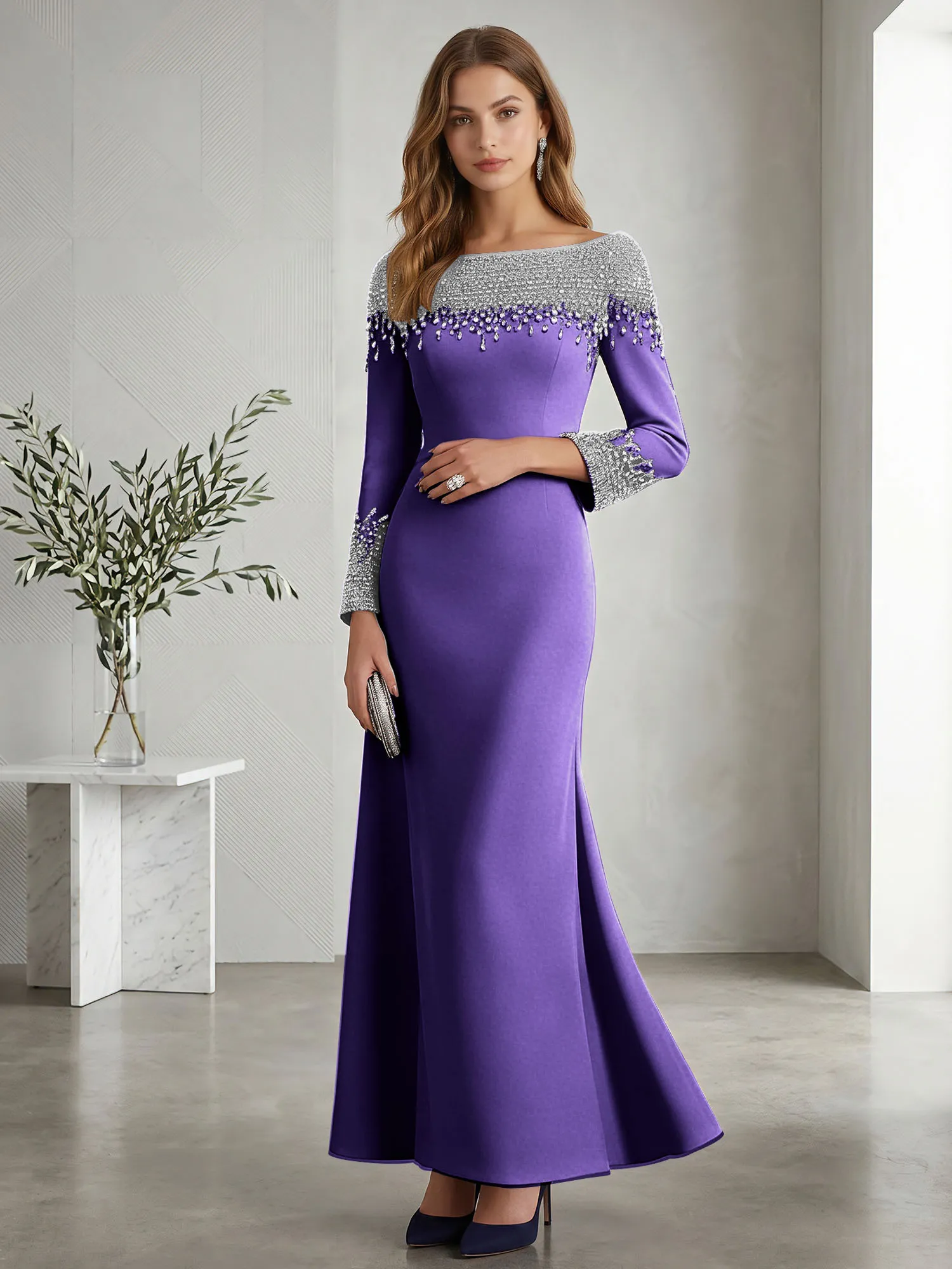 Beaded Off-the-Shoulder Long Sleeve Mermaid Evening Gown