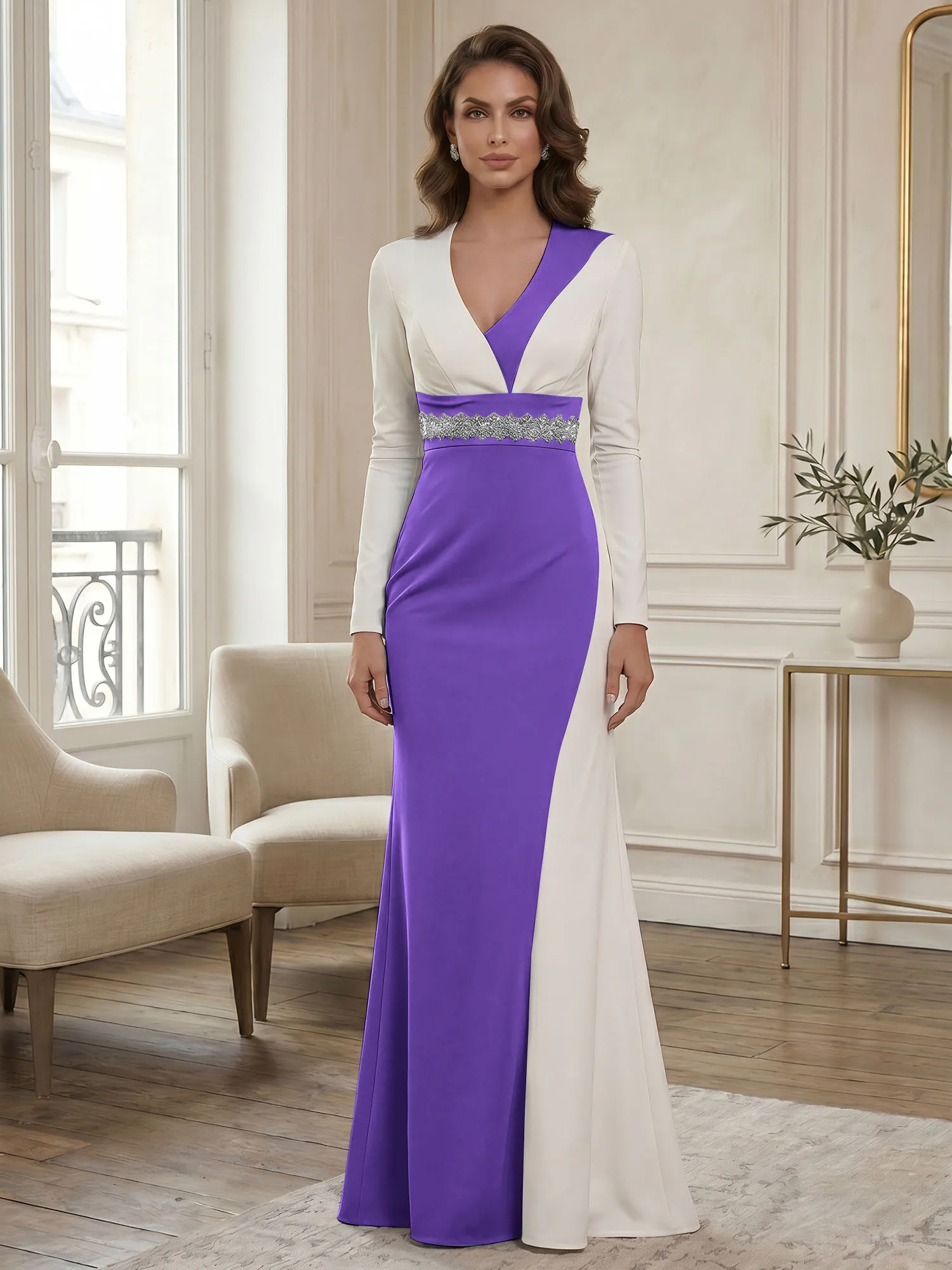 Two-Tone Long Sleeve Mermaid Evening Gown with Beaded Waistband