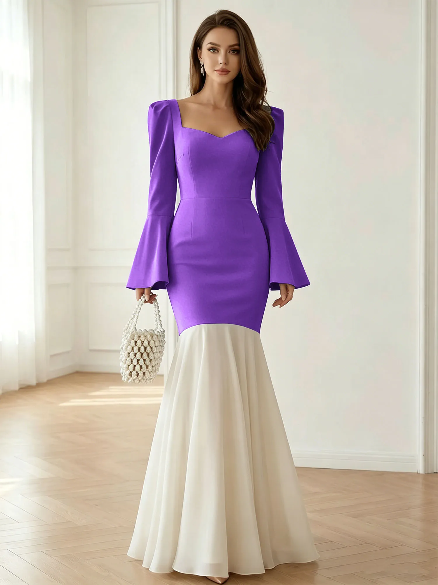 Sweetheart Neck Bell Sleeve Two-Tone Mermaid Evening Gown