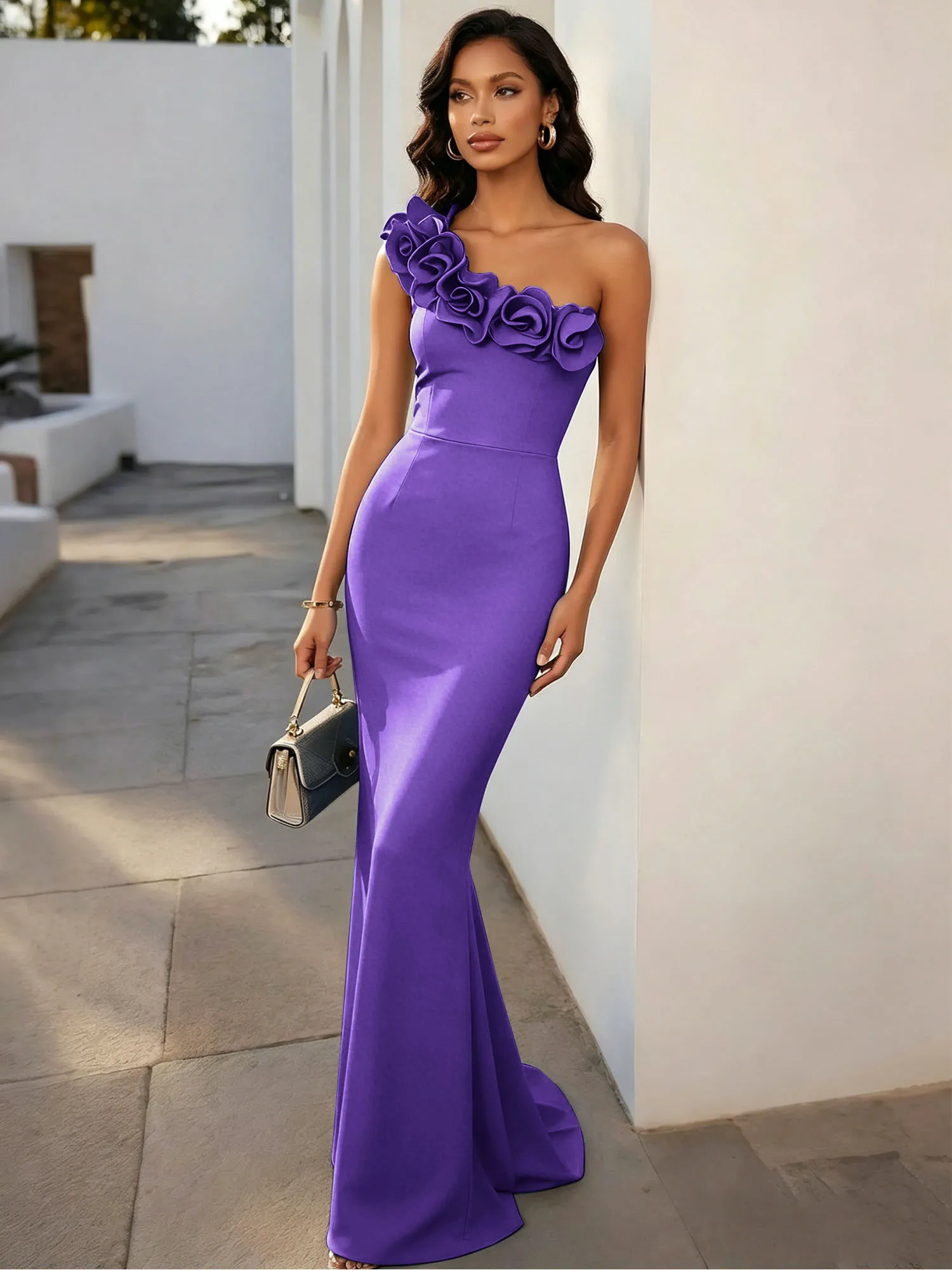 One-Shoulder 3D Floral Mermaid Evening Gown