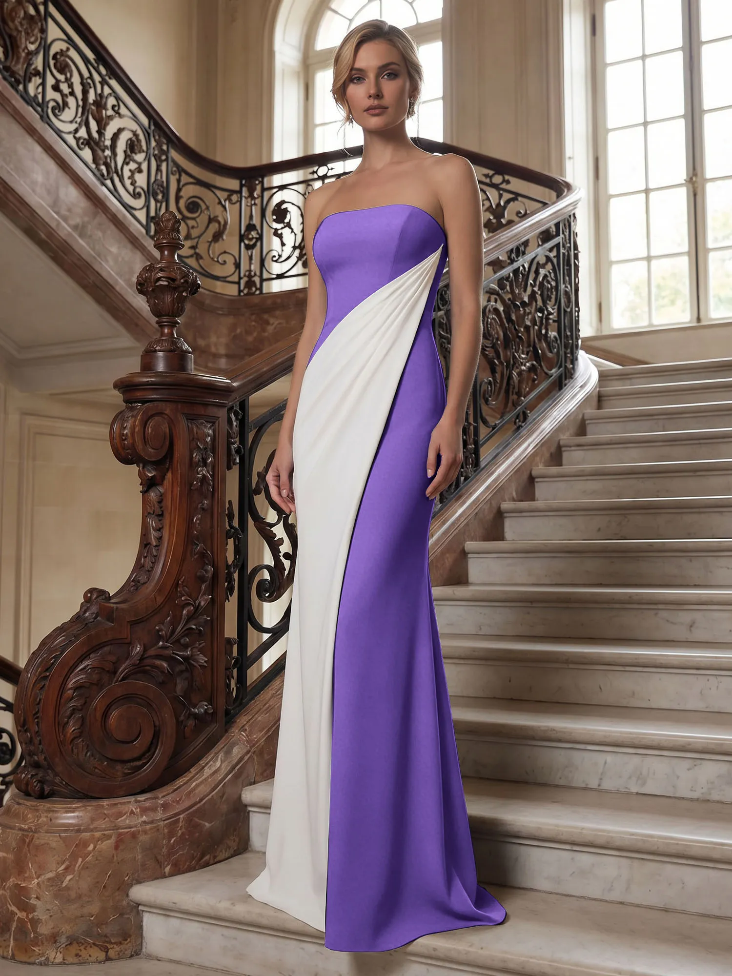 Strapless Two-Tone Draped Mermaid Evening Gown