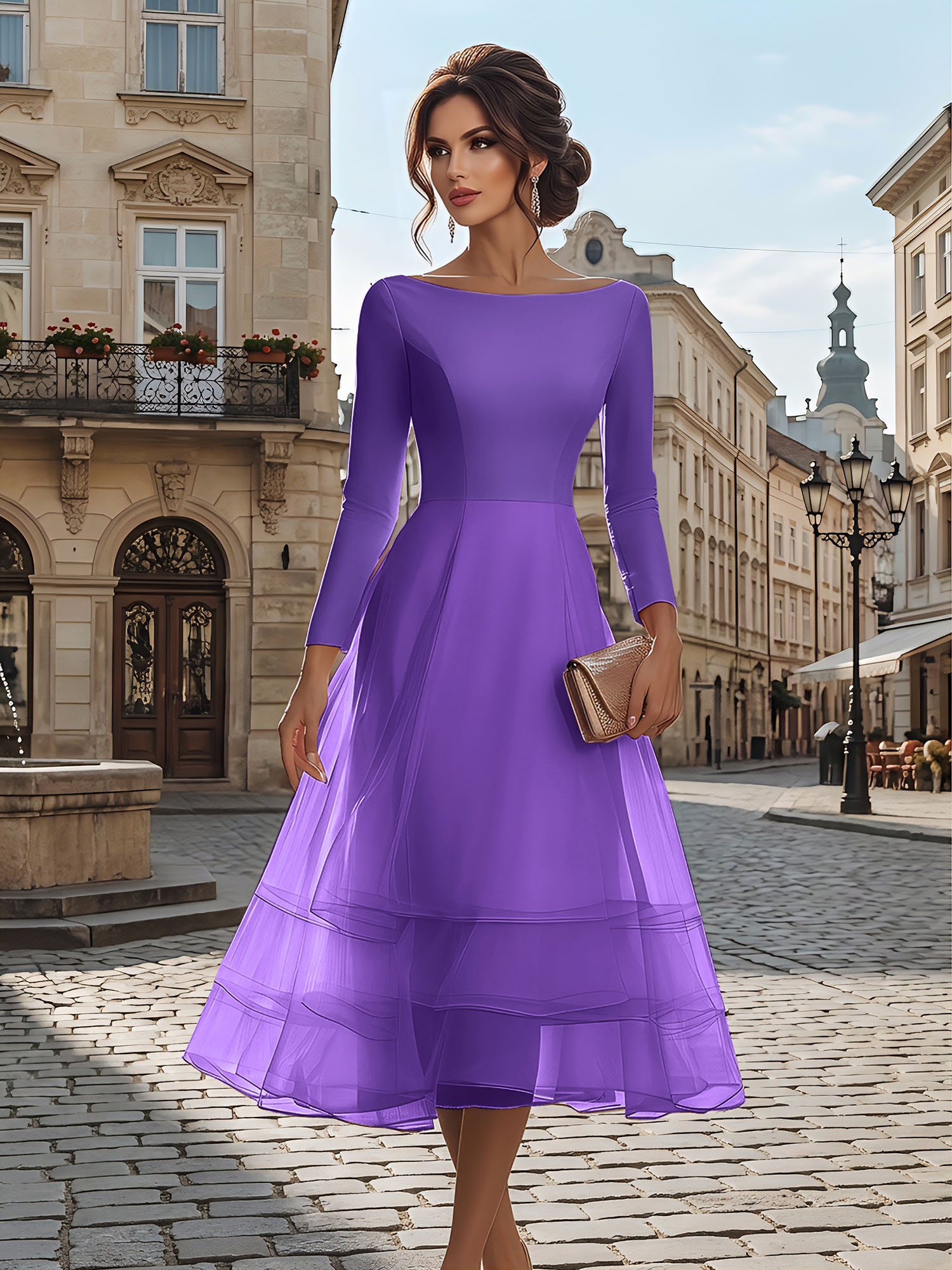 Timeless Evening Foraml Gown Blush Pink Long-Sleeve Layered Organza Midi Dress