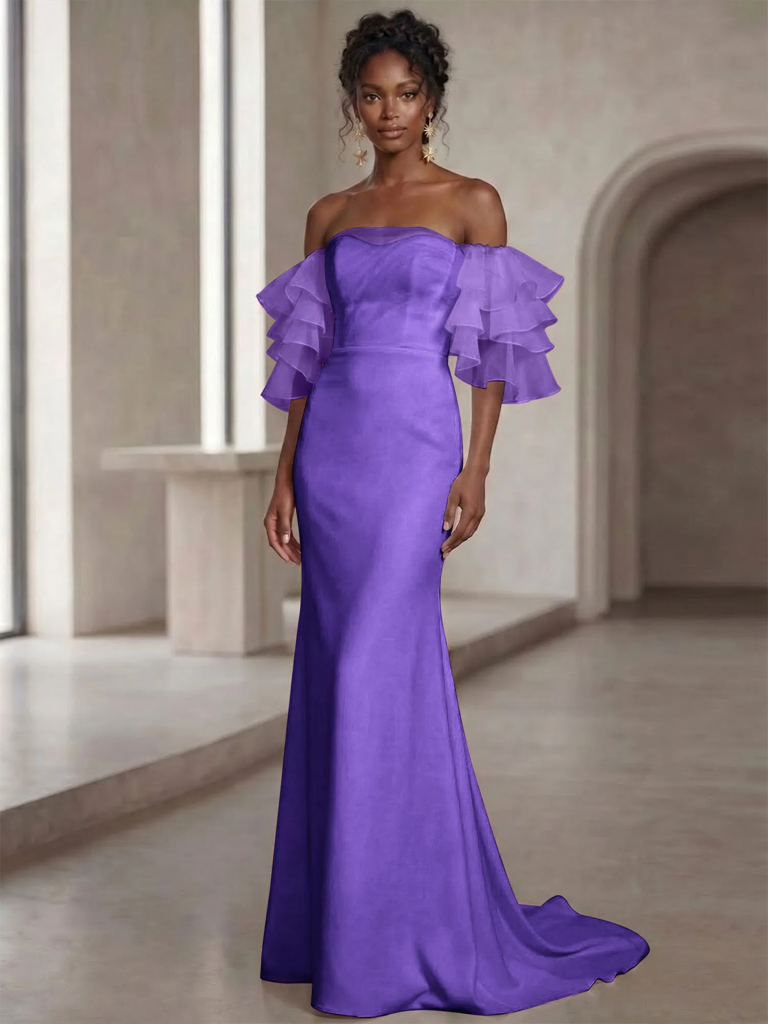 Off-the-Shoulder Tiered Organza Sleeve Mermaid Evening Gown