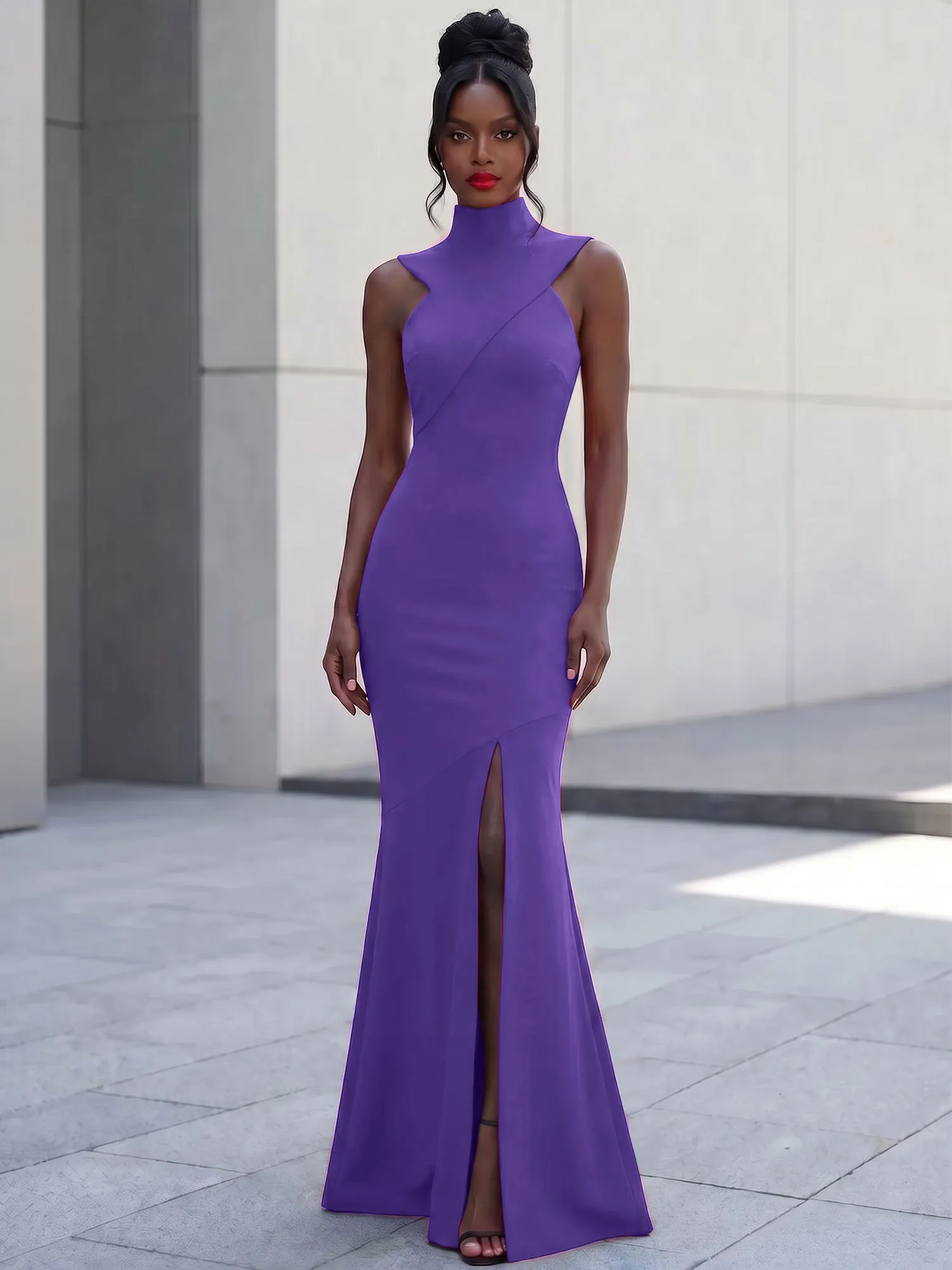 High Neck Asymmetric Cutout Mermaid Evening Gown