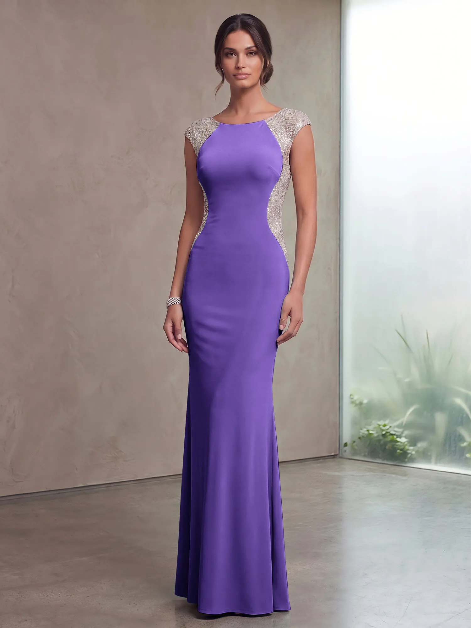 Bateau Neck Sequins Cap Sleeve Mermaid Evening Gown