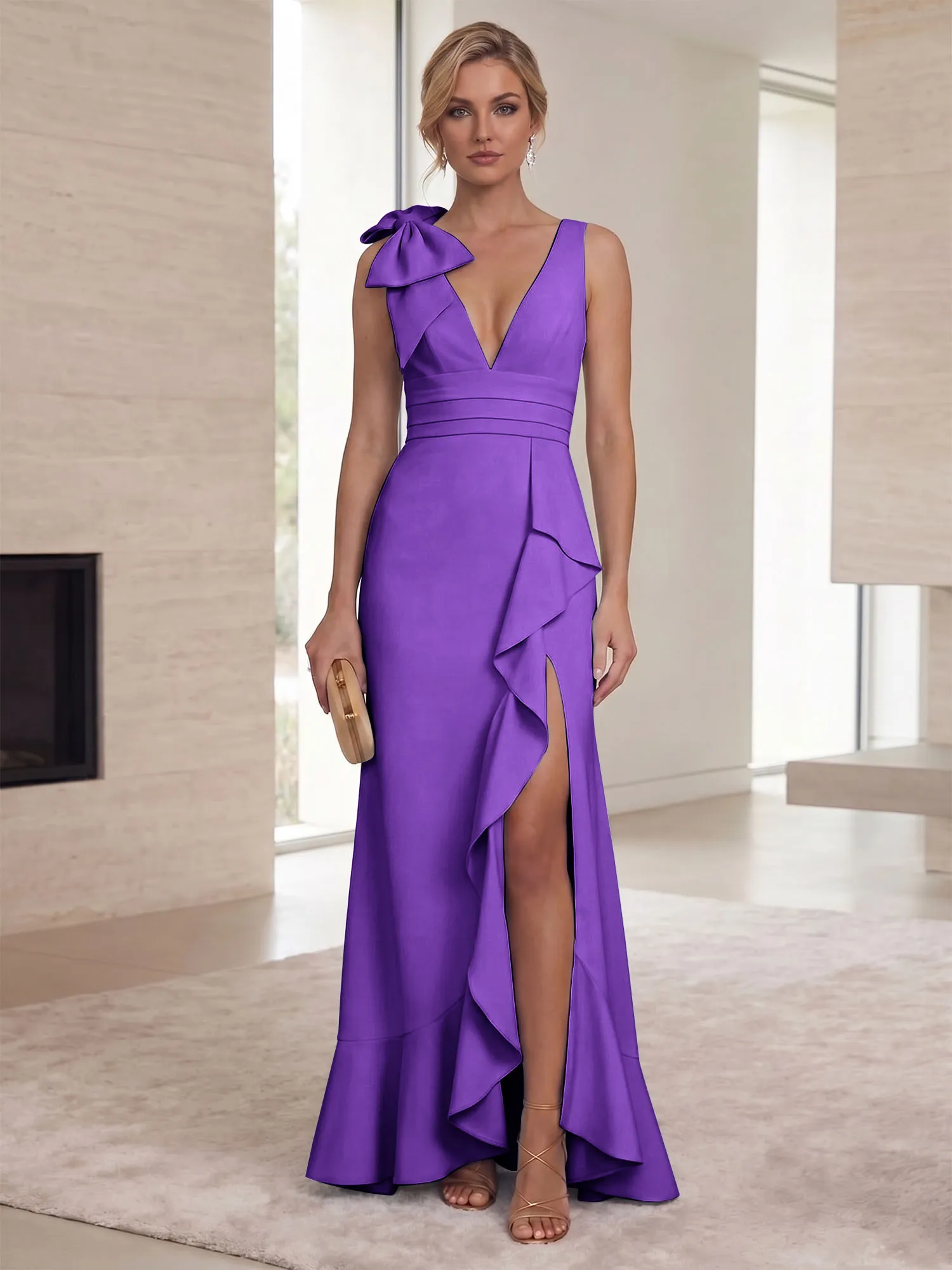 Deep V-Neck Bow-Shoulder Ruffle Slit Mermaid Evening Gown