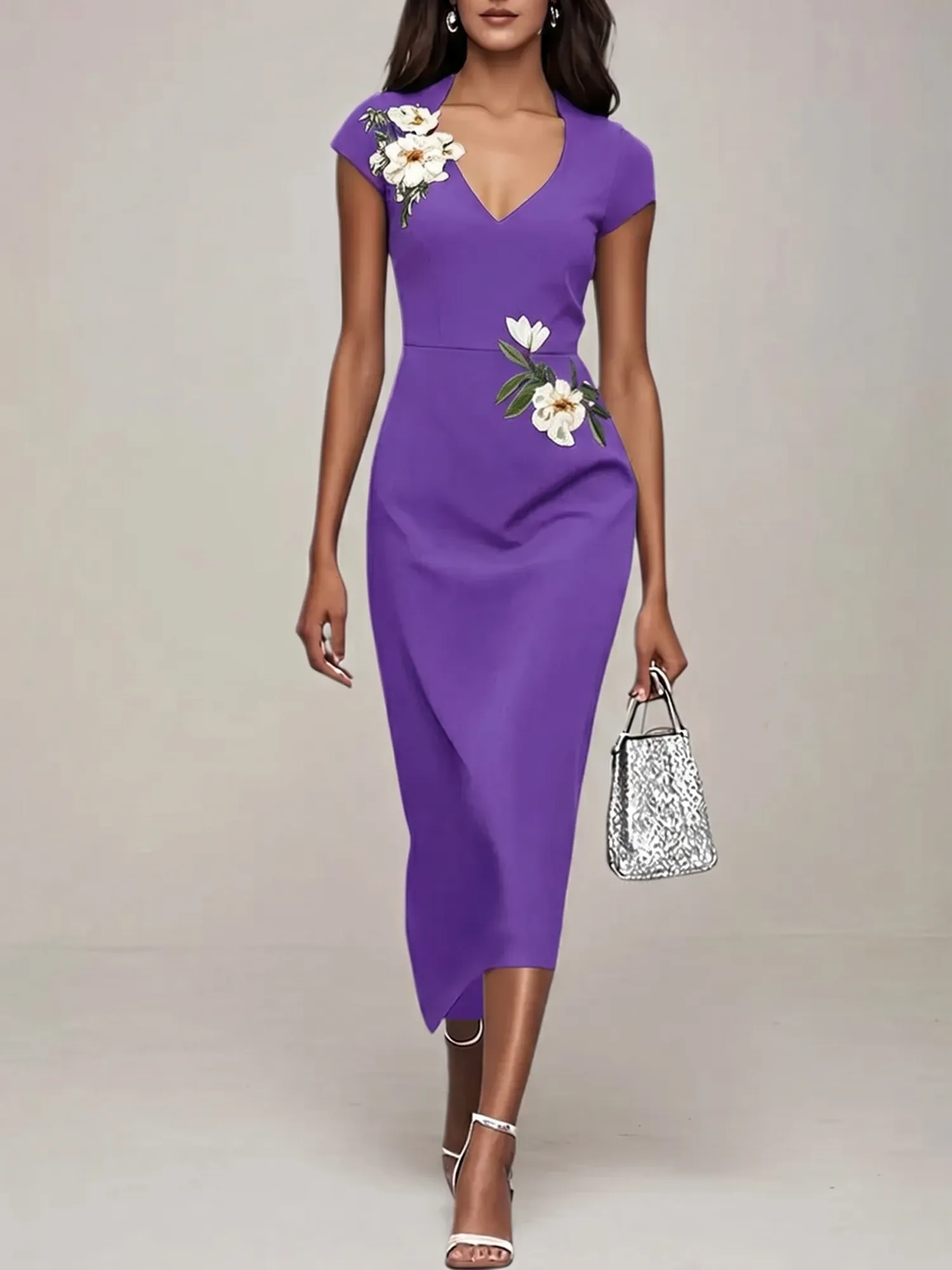 V-Neck Cap Sleeve Floral Embroidered Sheath Evening Dress