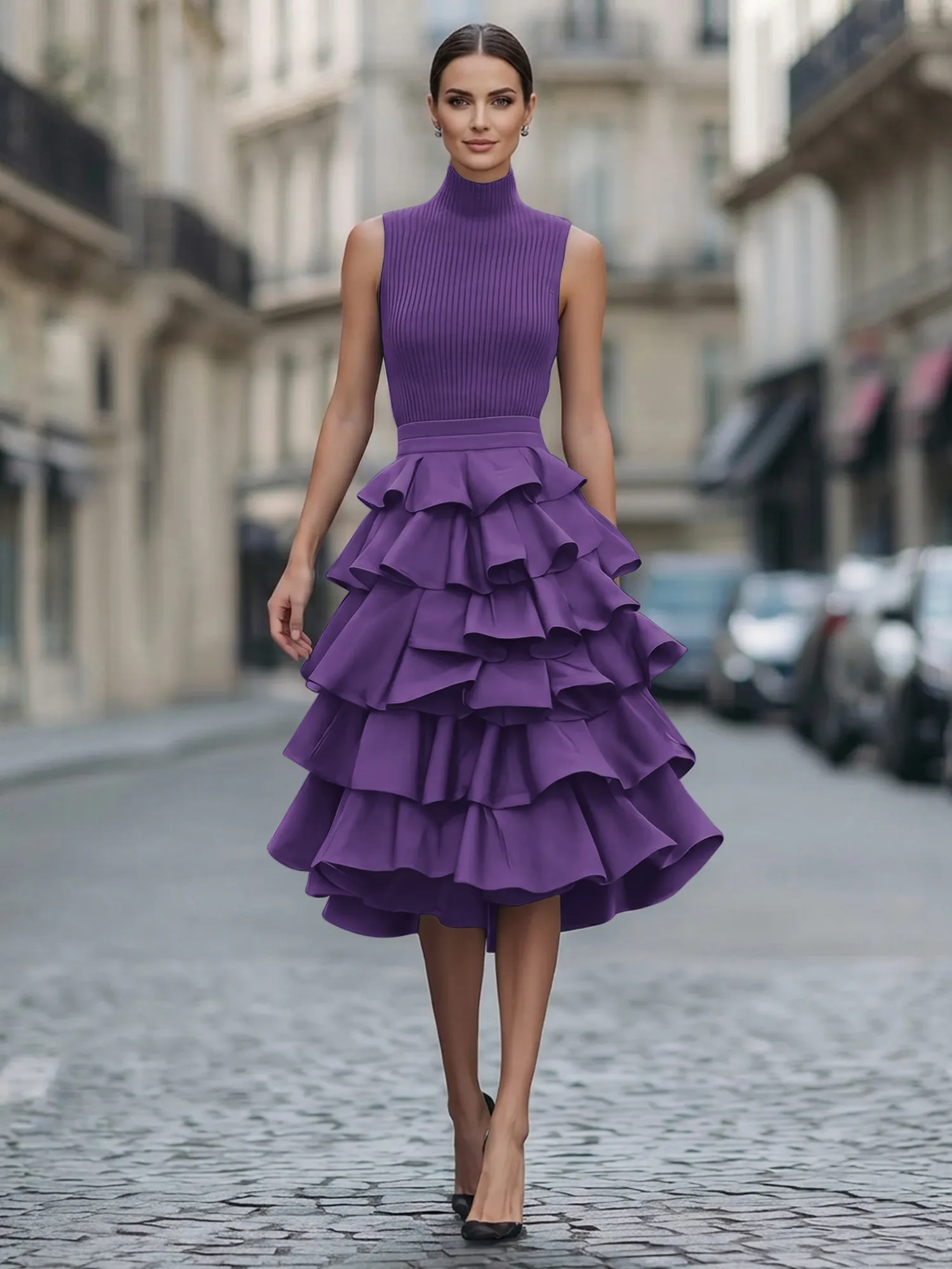 A Line High-Neck Pleated Tiered Evening Dress Maxi Dress