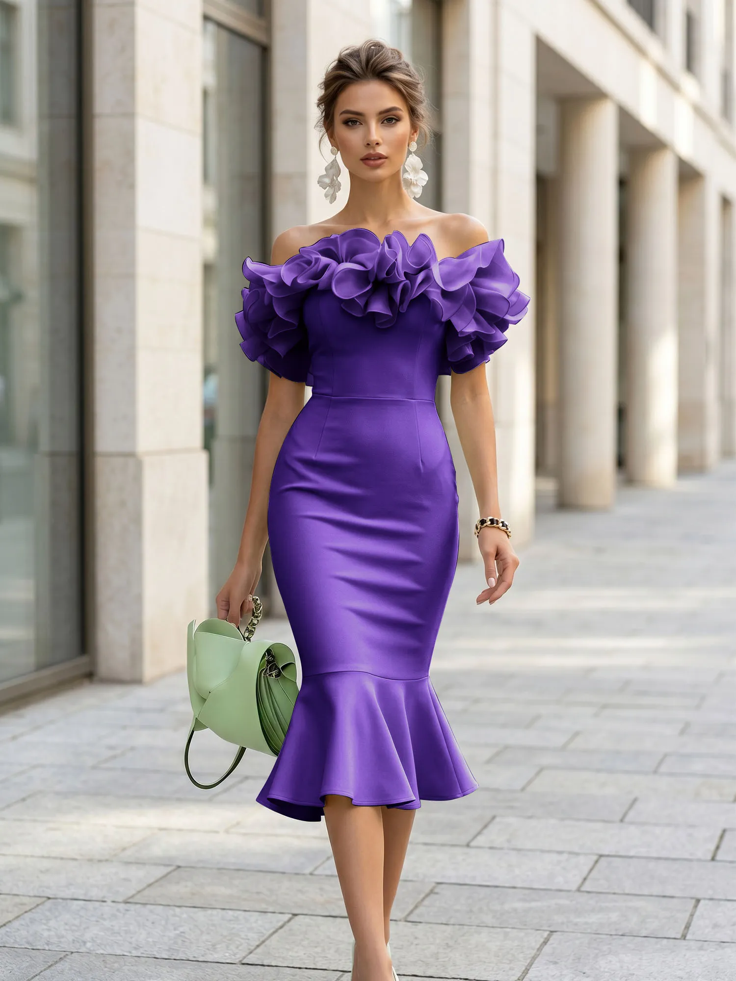 Off-the-Shoulder Ruffle Midi Midi Cocktail Dress Evening Dress