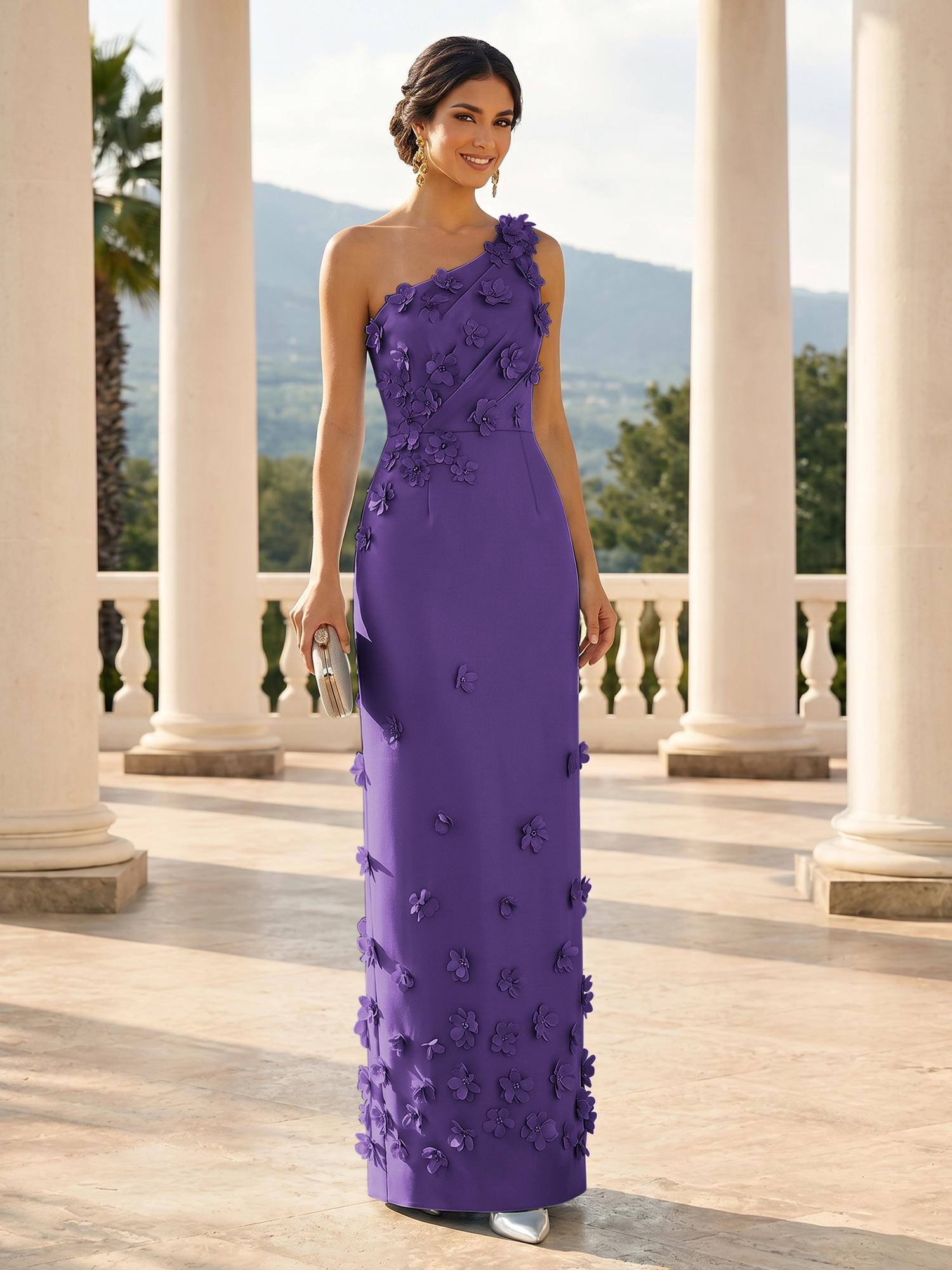 Enchanting Sky Blue One-Shoulder Evening Dress with 3D Floral Appliqués