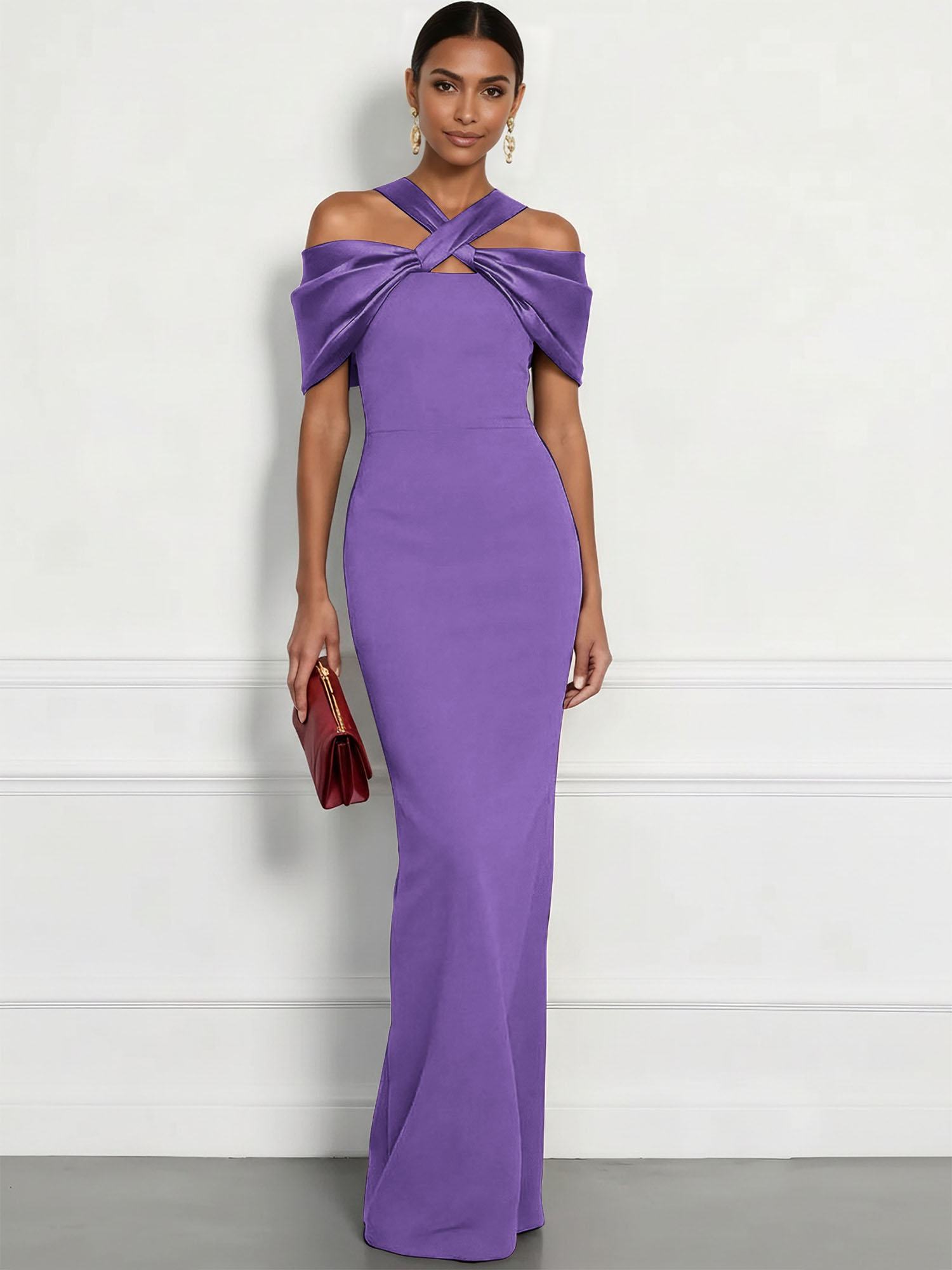  Regal Plum Crepe Column Gown with Satin Criss-Cross Halter Maxi Dress
