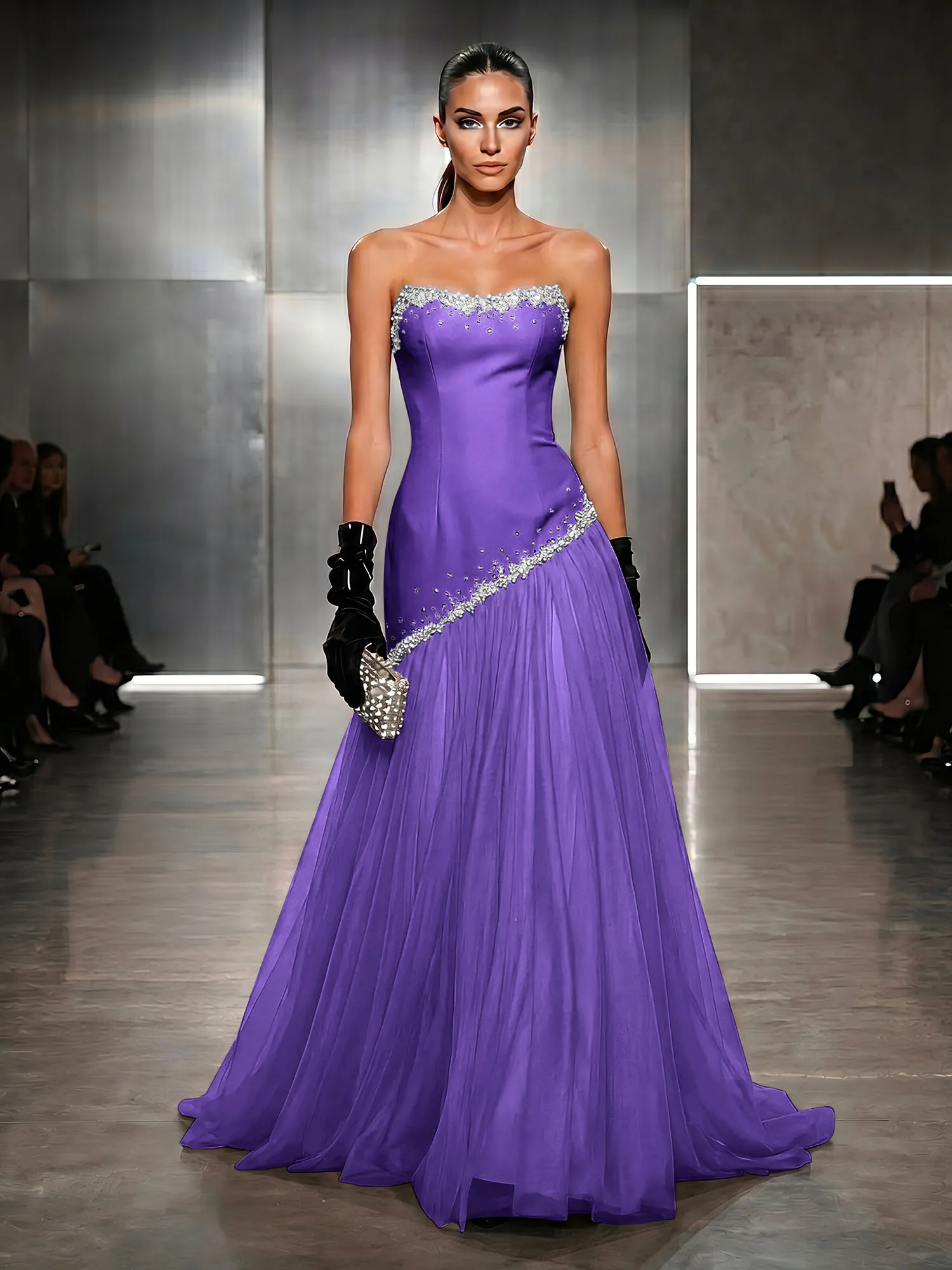 Strapless Tulle Beaded Corset Evening Gown Maxi Dress