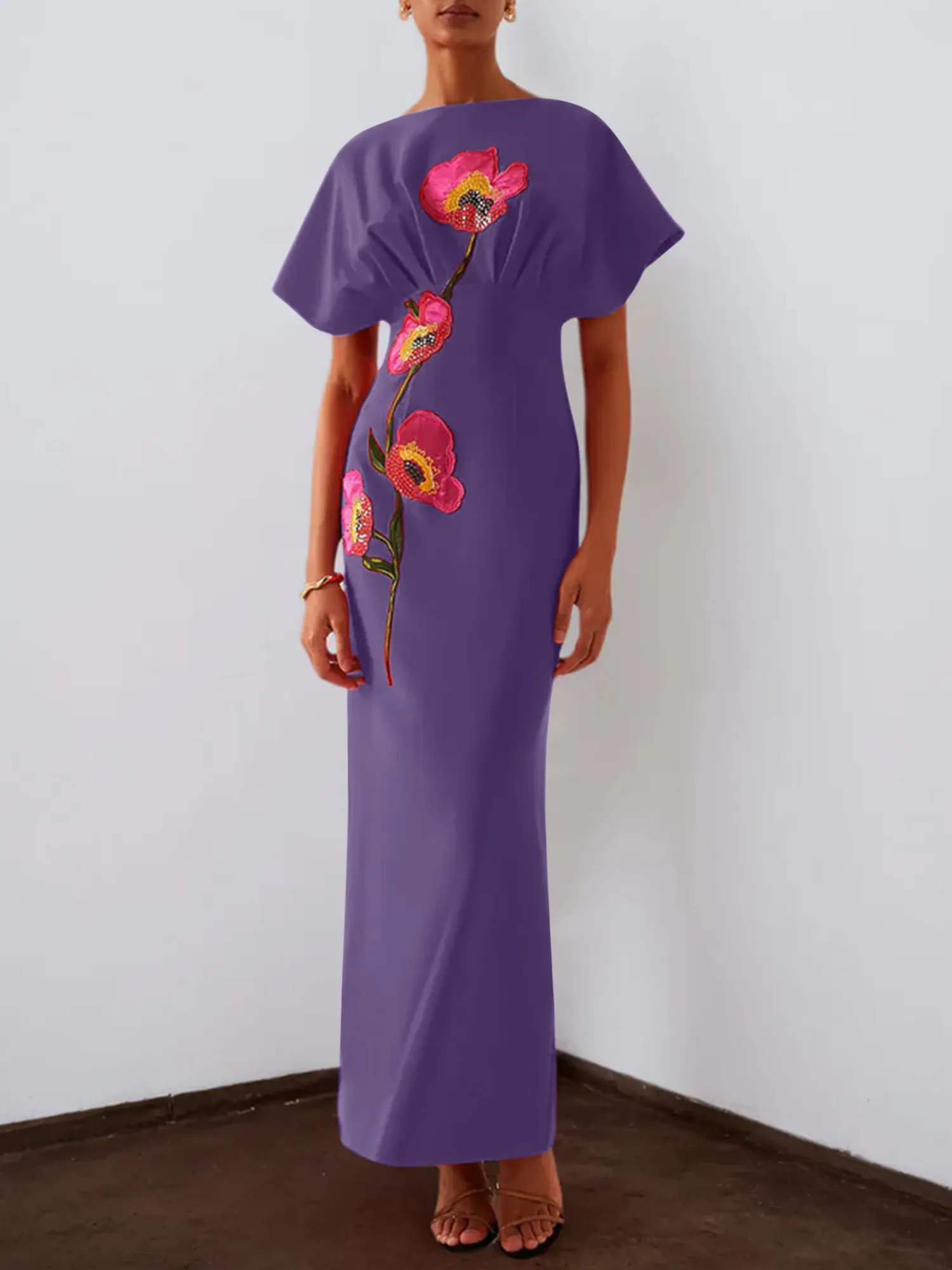 Floral Embroidered Boat Neck Batwing Sleeve Column Evening Gown