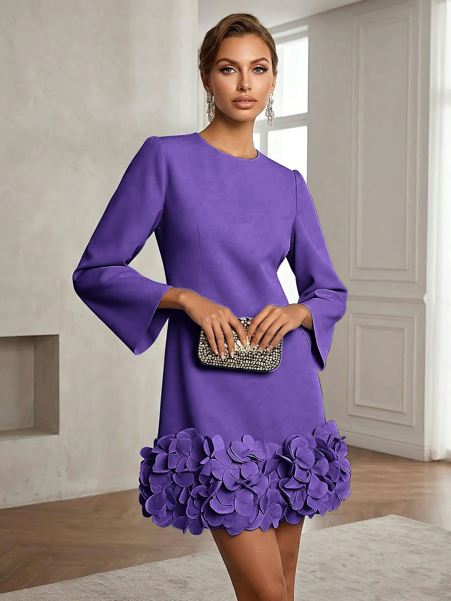 Powder Blue 3D Floral Classic Crew Neck Bell Long Sleeve Shift Mini Dress