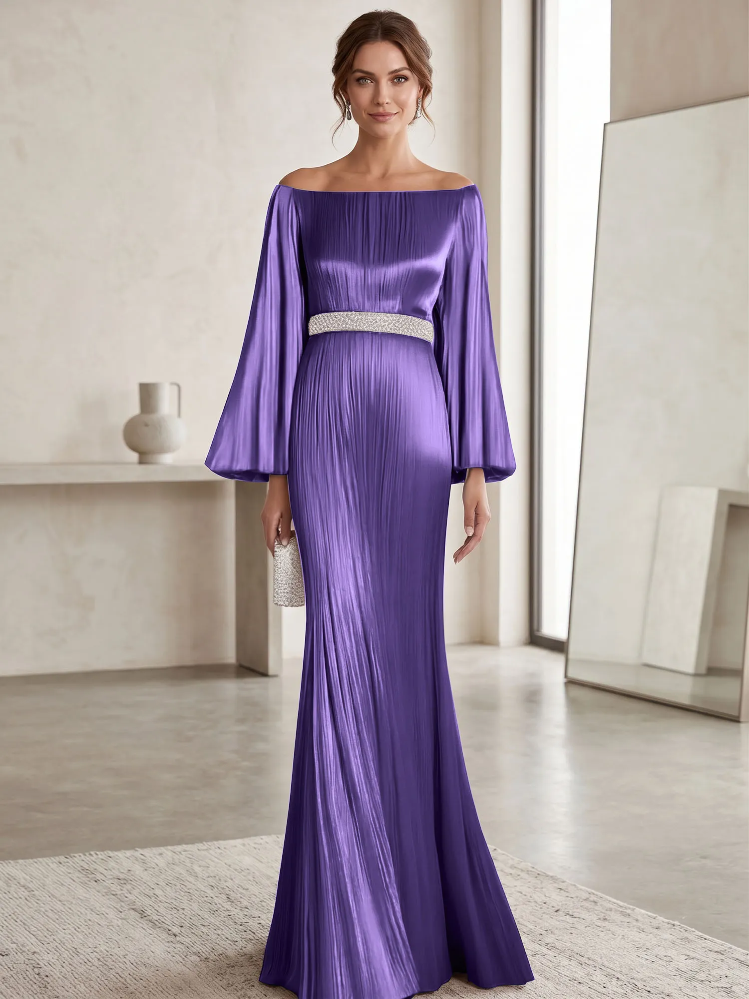 Off-the-Shoulder Pleated Satin Evening Gown with Beaded Waistband