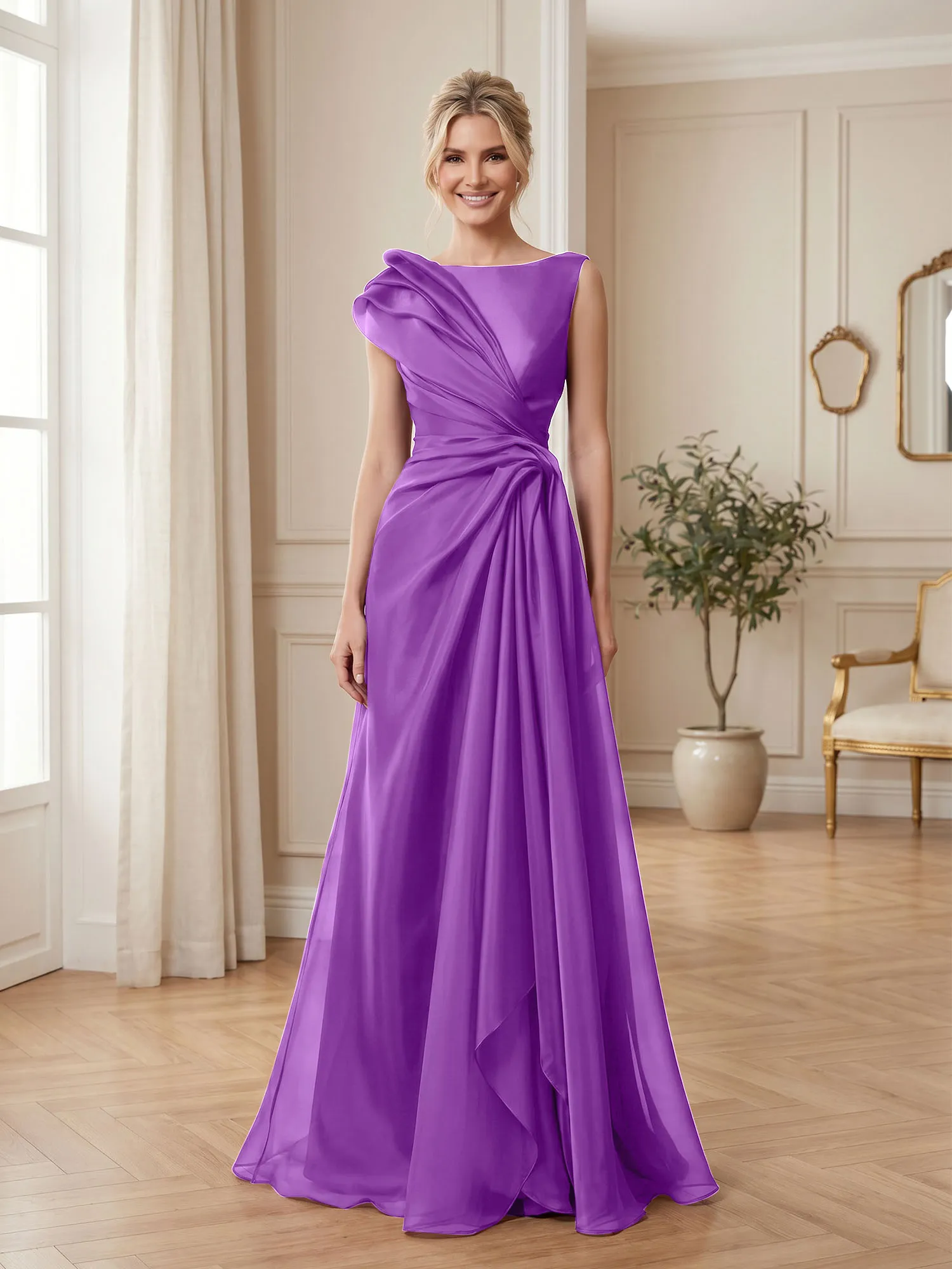 A Line Ruched Draped Tulle Evening Gown
