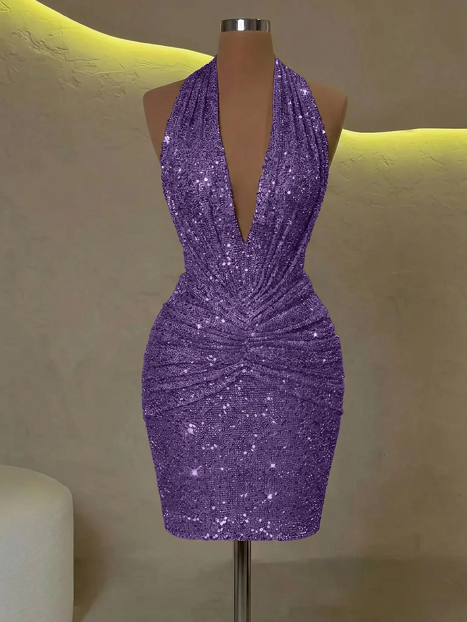Sequin Halter Deep V-Neck Bodycon Homecoming Dress Mini Dress