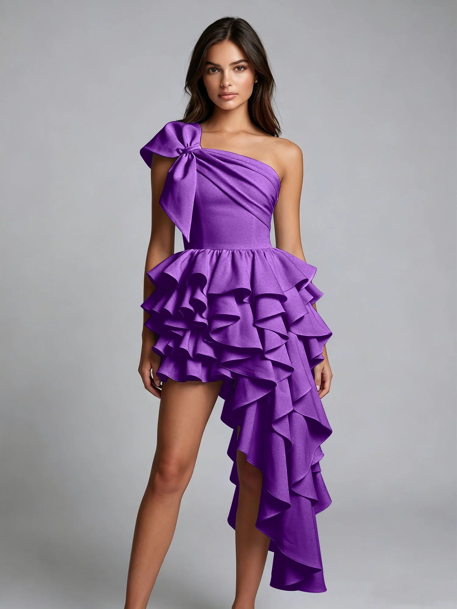 One-Shoulder Bow Tiered Ruffle Asymmetrical Homecoming Dress