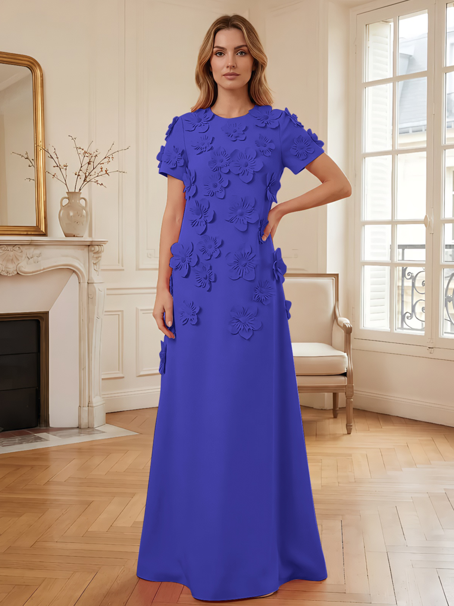 3D Floral Applique Short-Sleeve Column Evening Gown