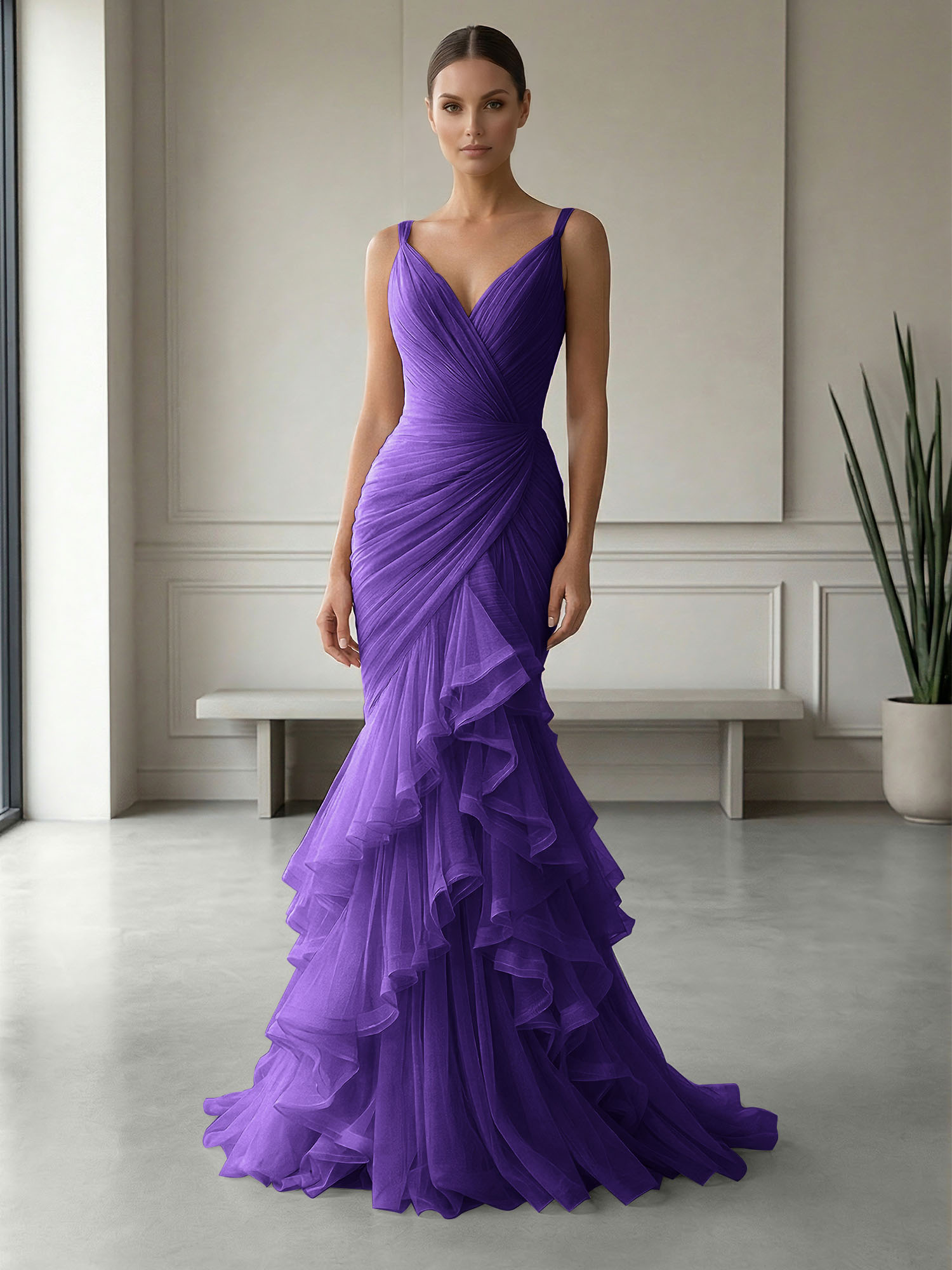 Mauve Folds Tulle Strapless Sleeveless Mermaid Gown Dress