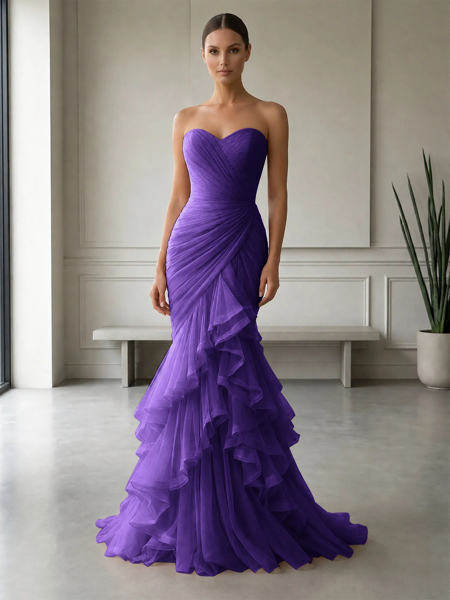 Strapless Ruched Tulle Mermaid Evening Gown Maxi Dress