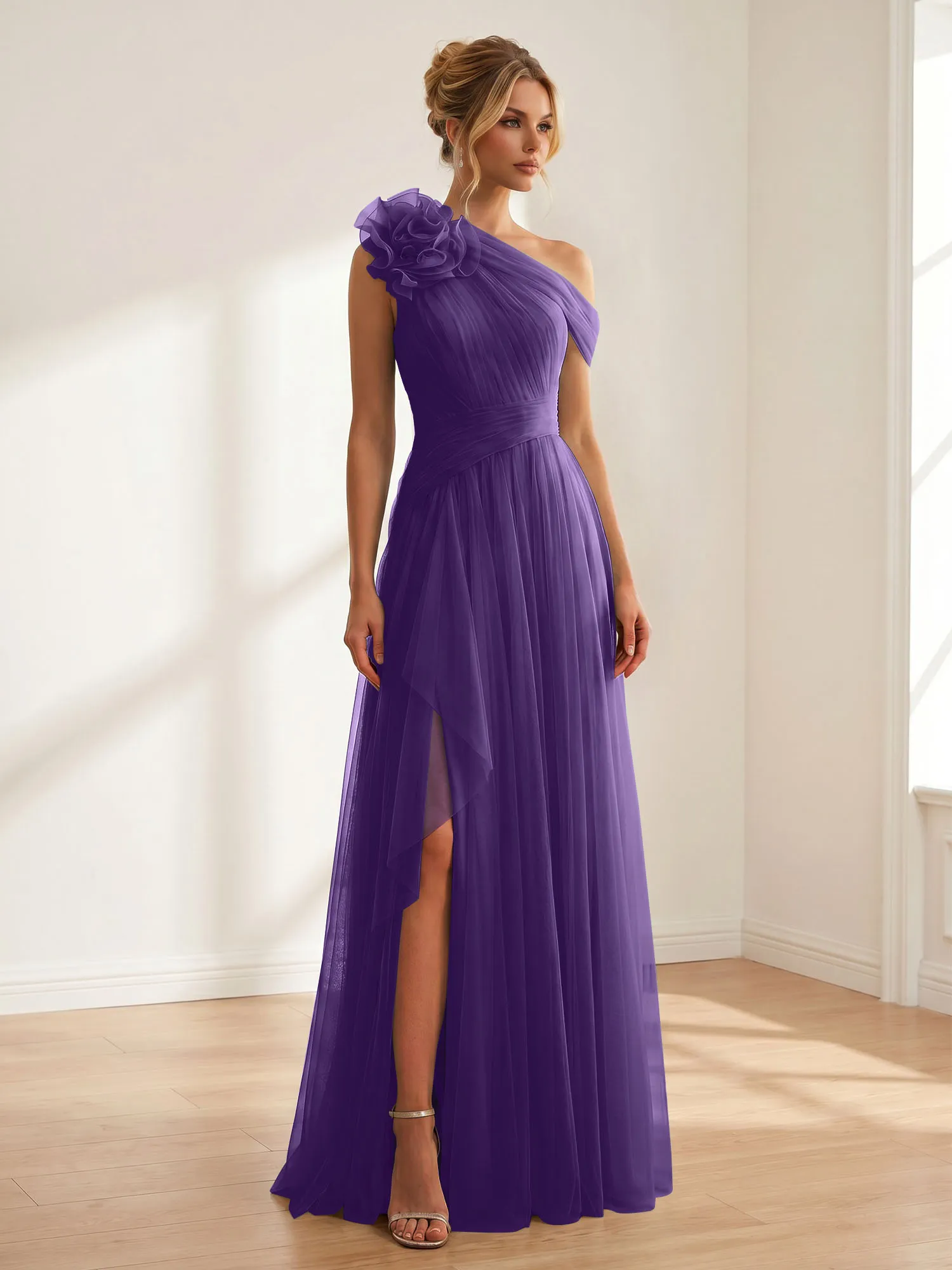 One-Shoulder Tulle Evening Gown with Floral Accent