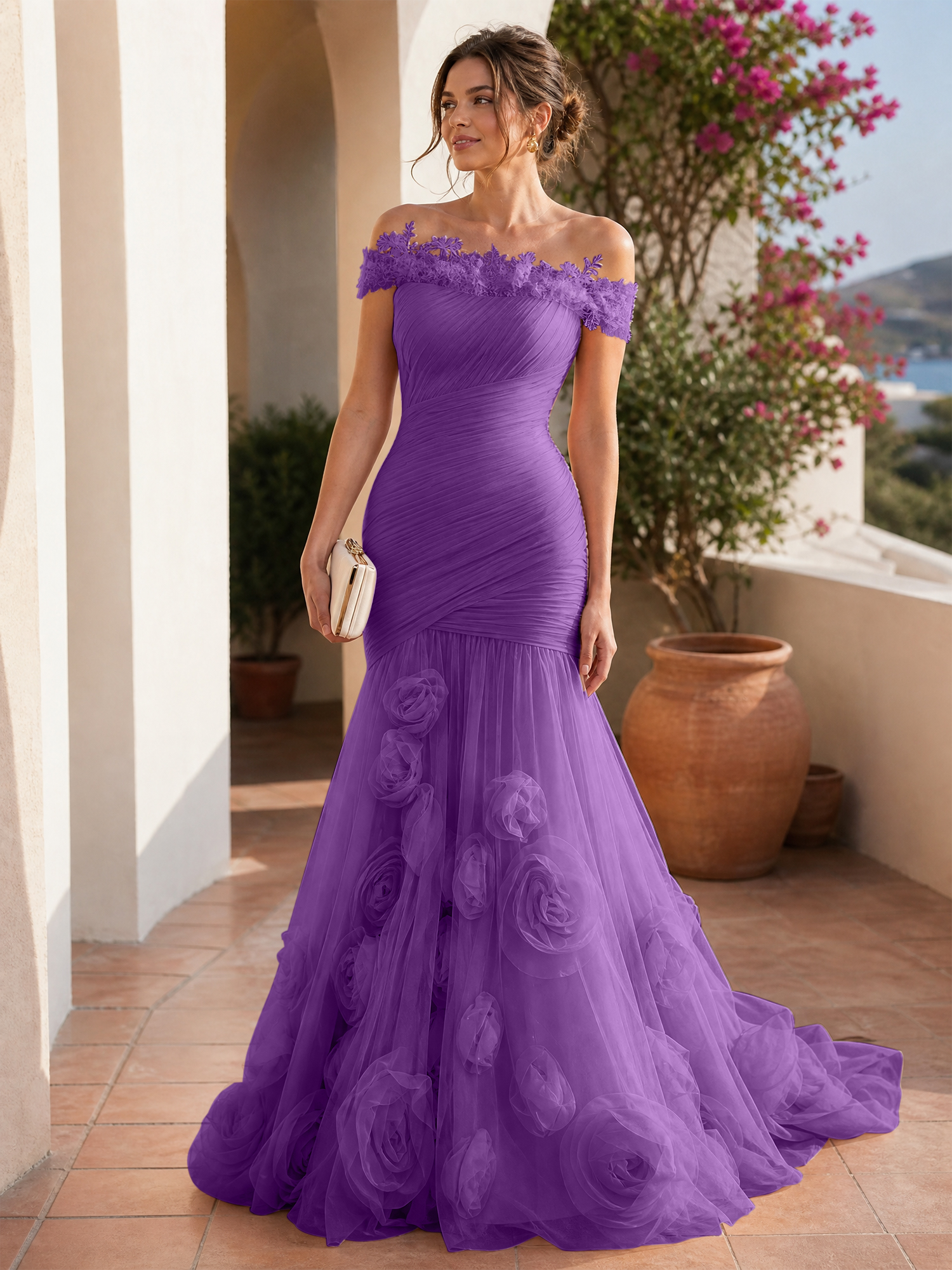 Romantic Blushing Rose Off-the-Shoulder Mermaid Formal Evening Dress 