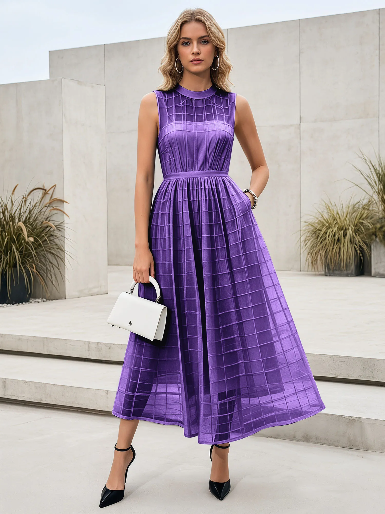 Sleeveless Grid Mesh A-Line Midi Evening Dress