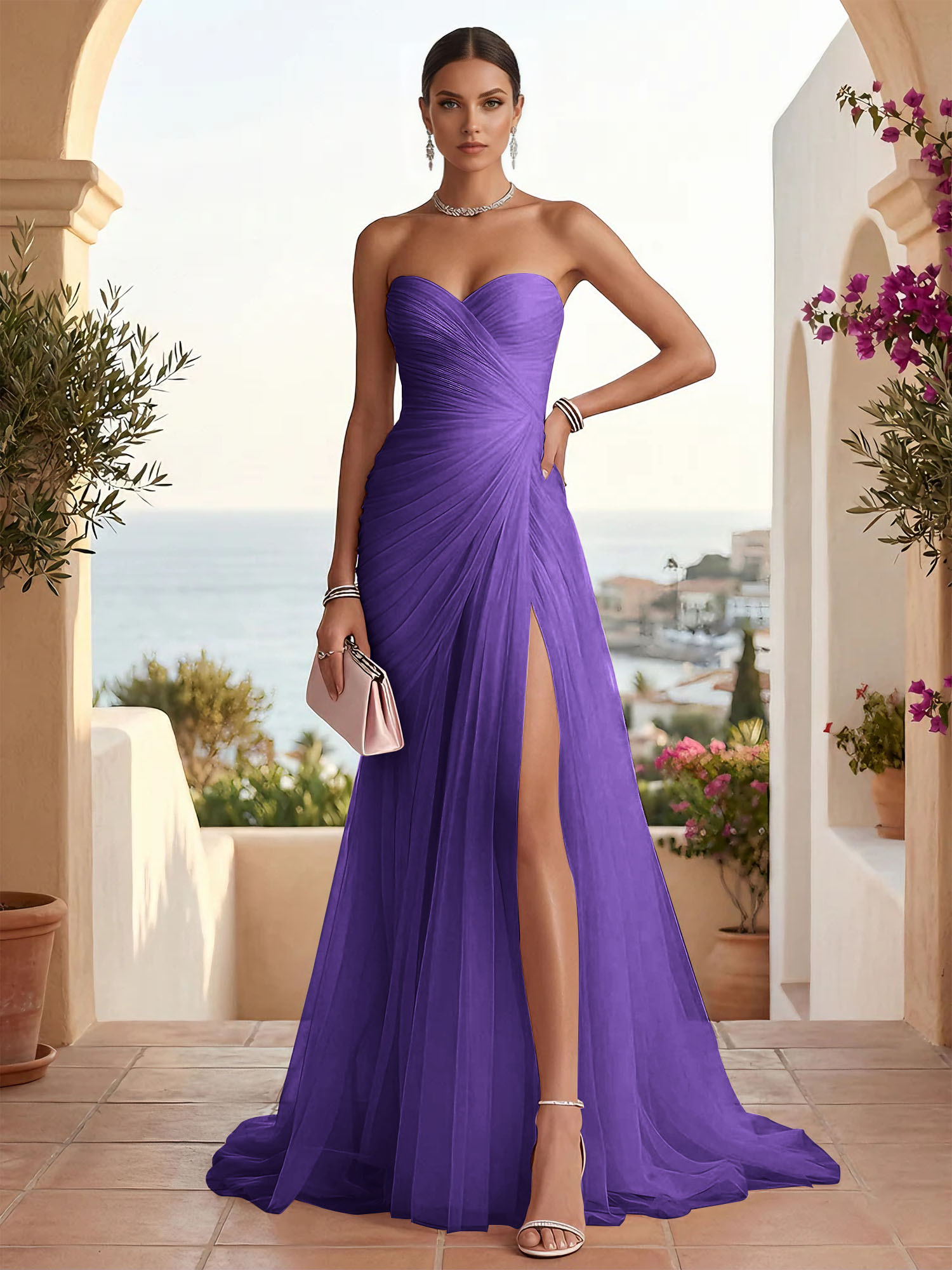 Strapless Sweetheart High Slit Tulle Pleat Prom Dress Evening Dresses