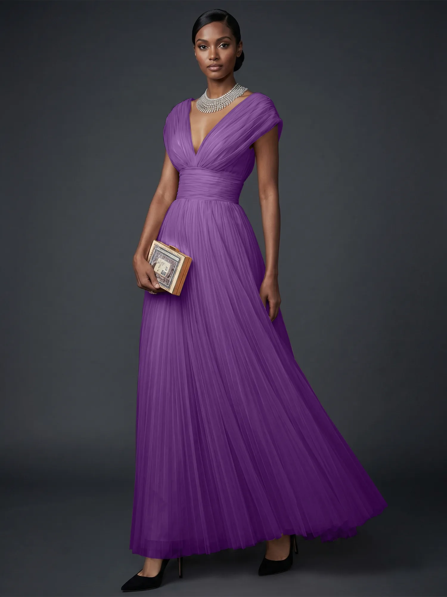Draped V-Neck Pleated Tulle Evening Gown Maxi Dress