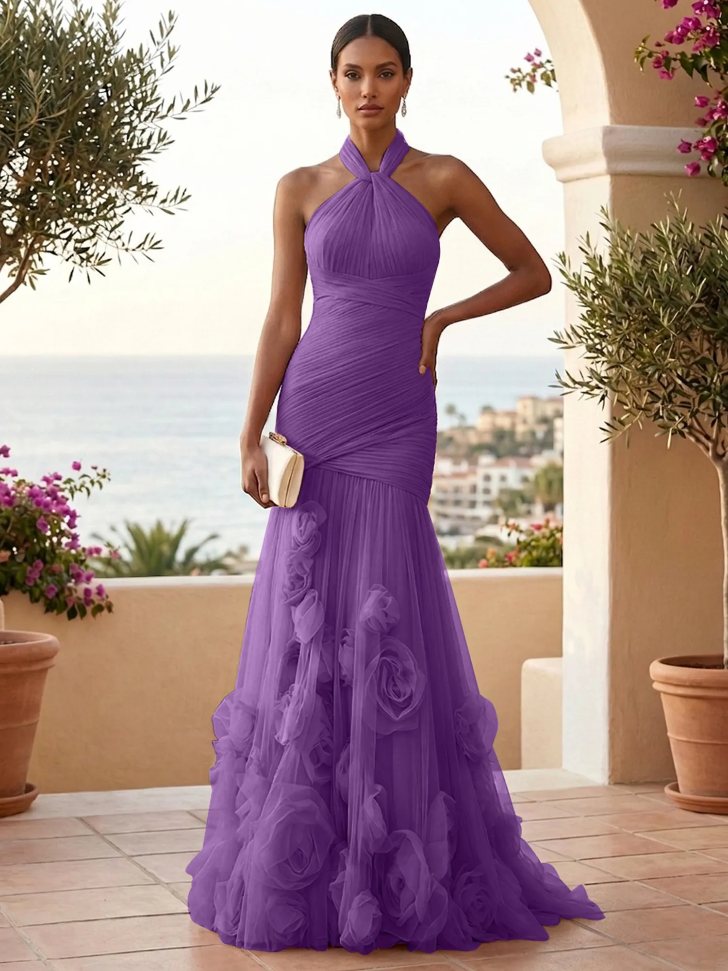 Halter Neck Ruched Tulle Mermaid Gown with 3D Floral Appliqués